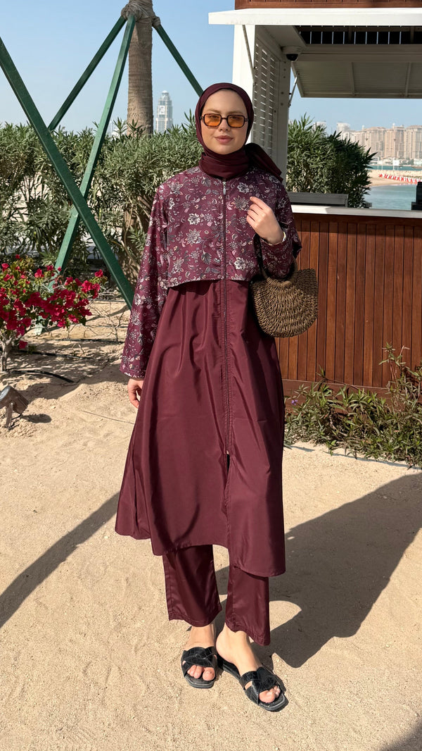 Yeni Desenli Uzun Tesettür Mayo Bordo-Çiçek