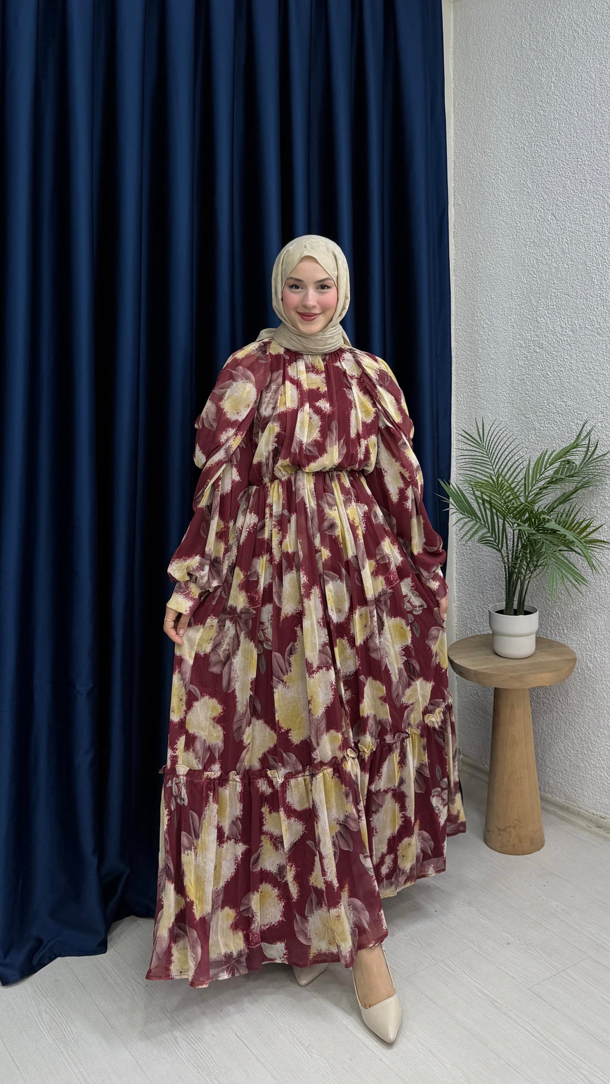 Baskı Detaylı Şifon Elbise Bordo
