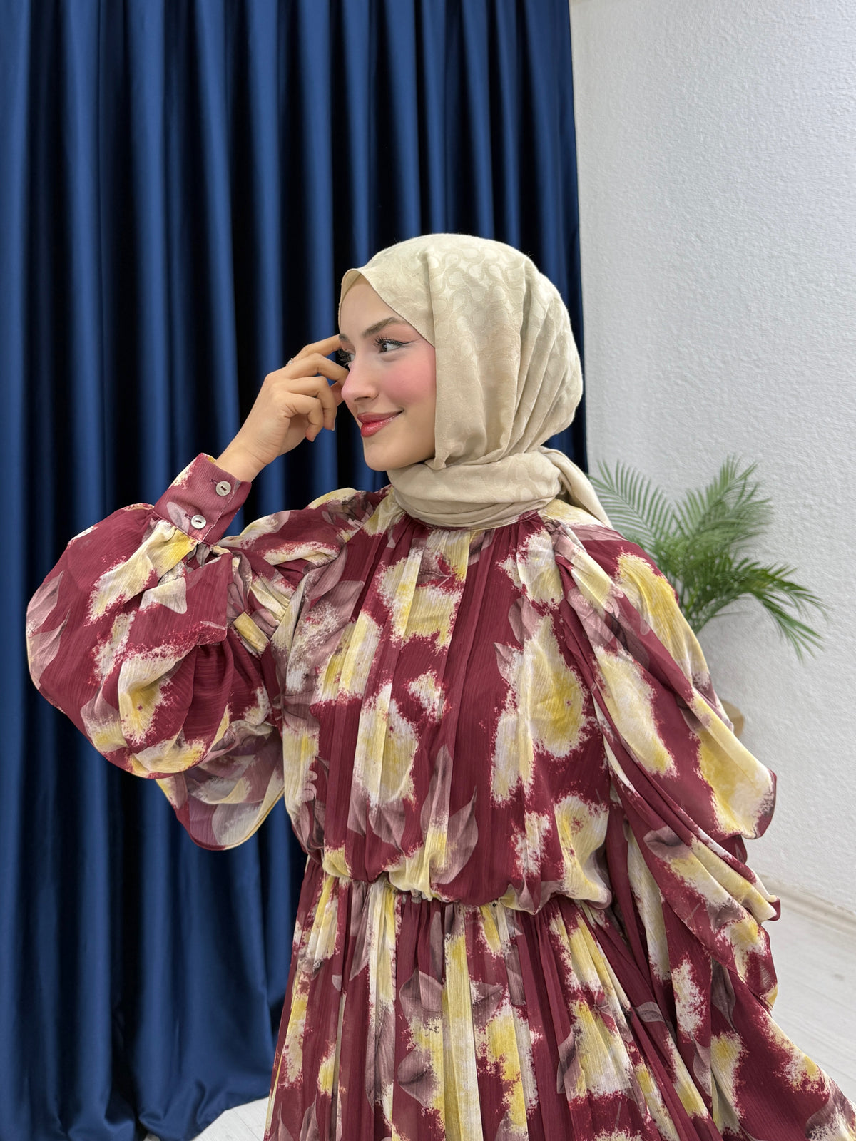 Baskı Detaylı Şifon Elbise Bordo
