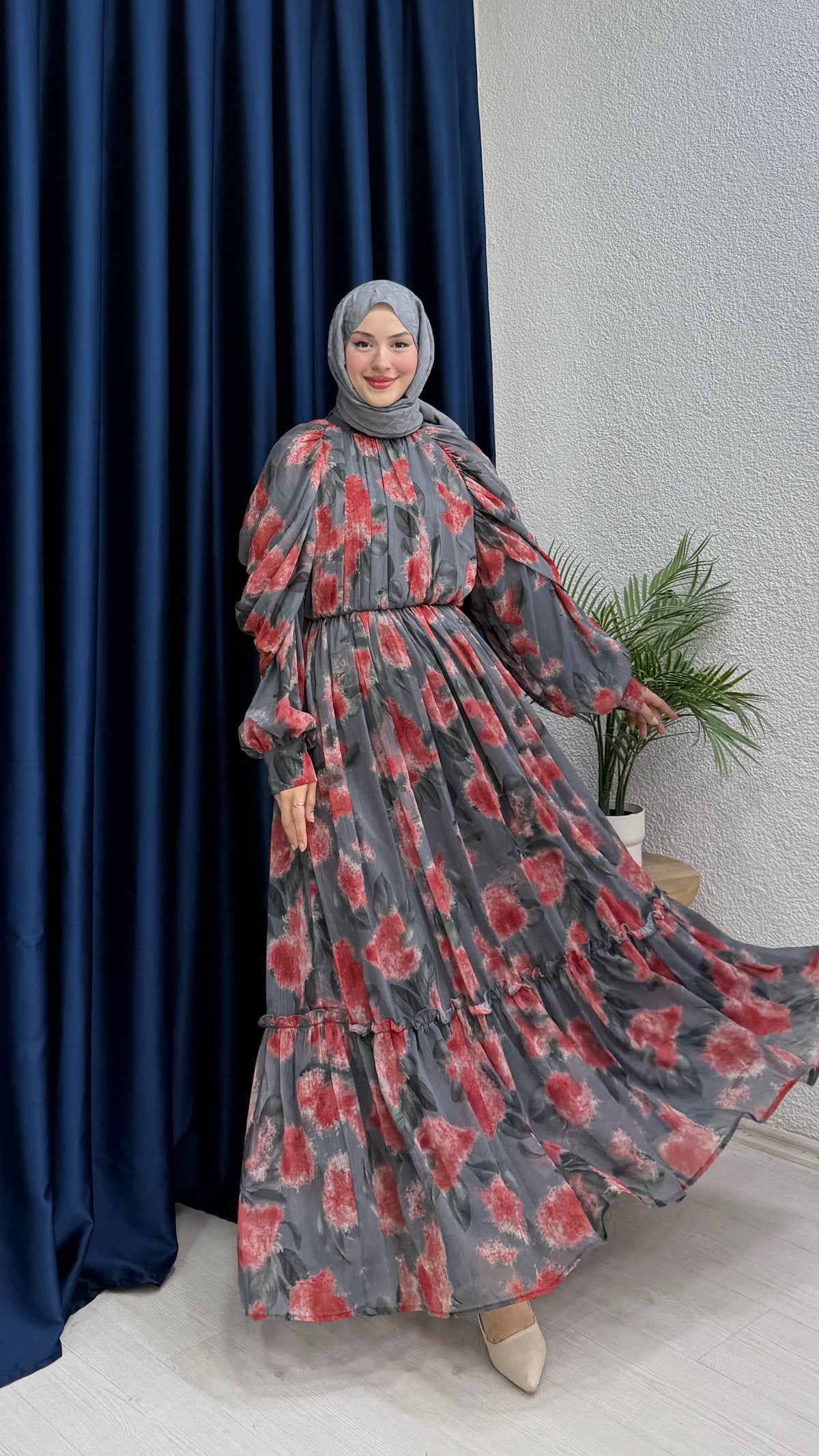Baskı Detaylı Şifon Elbise Gri