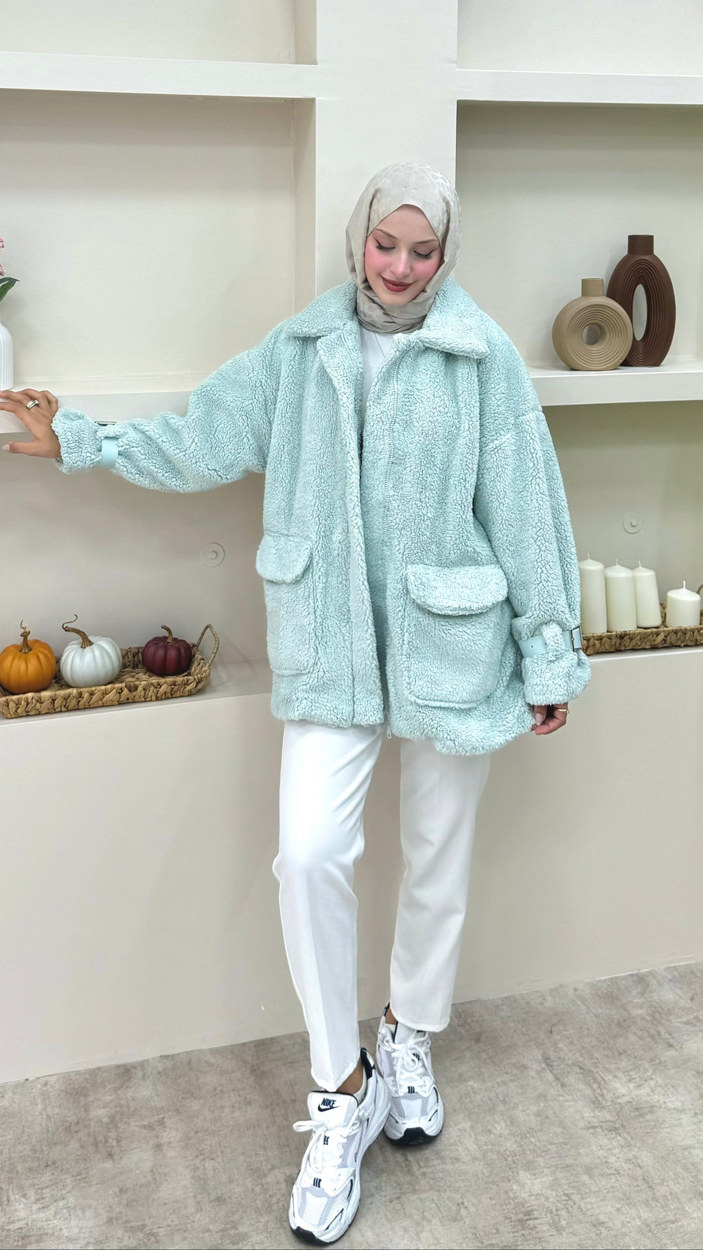 Önü Fermuarlı Peluş Mont Mint Yeşil