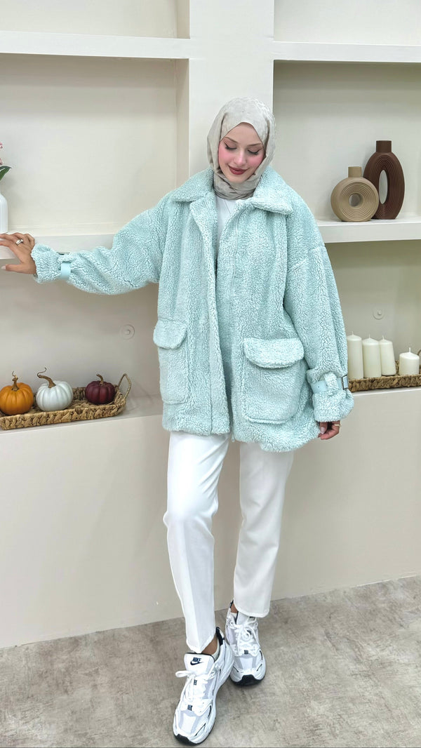 Önü Fermuarlı Peluş Mont Mint Yeşil