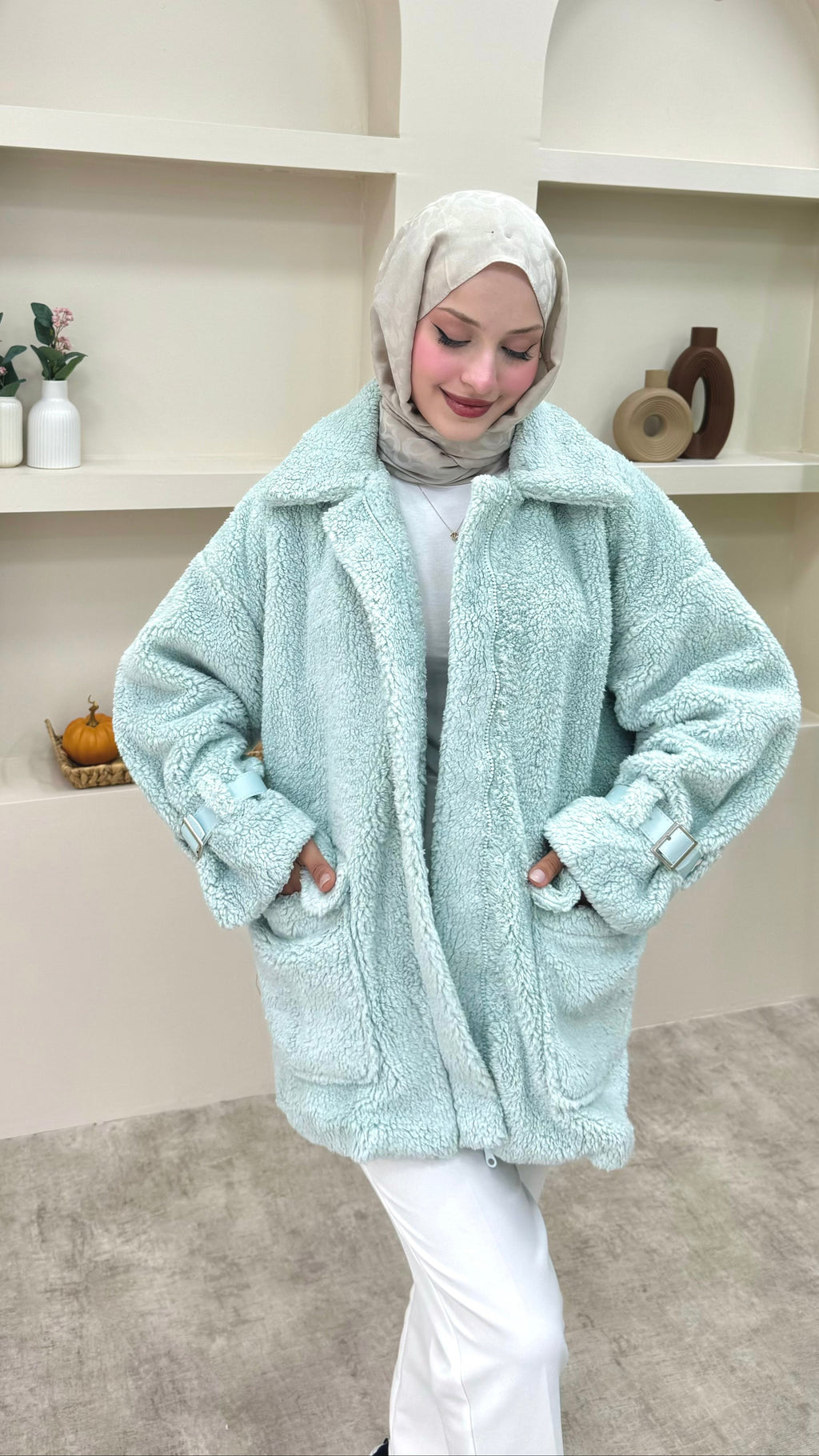 Önü Fermuarlı Peluş Mont Mint Yeşil