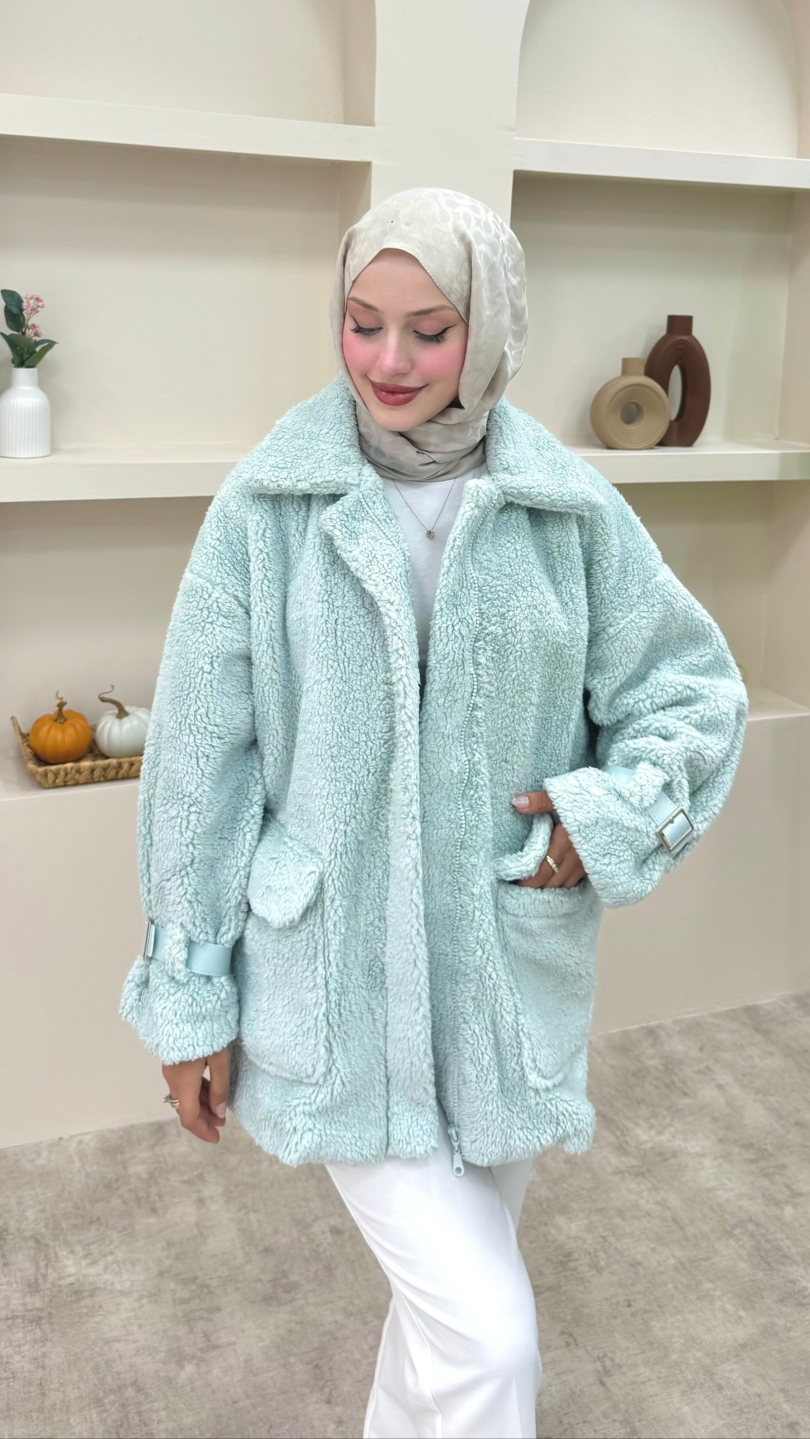 Önü Fermuarlı Peluş Mont Mint Yeşil