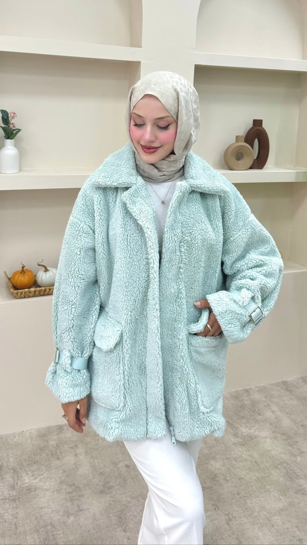 Önü Fermuarlı Peluş Mont Mint Yeşil