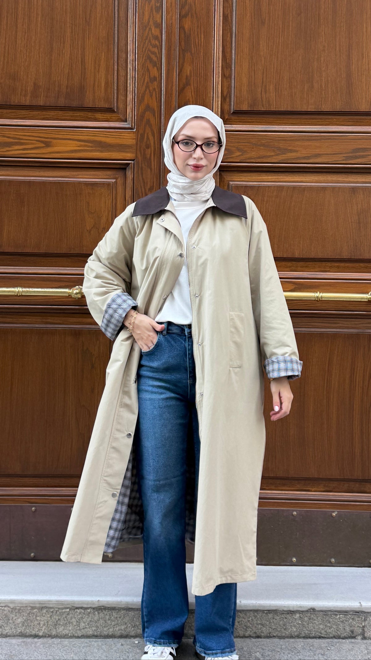 Ekose Astarlı Oversize Trenç Krem (Ön Sipariş 2 kasım kargo çıkışı)