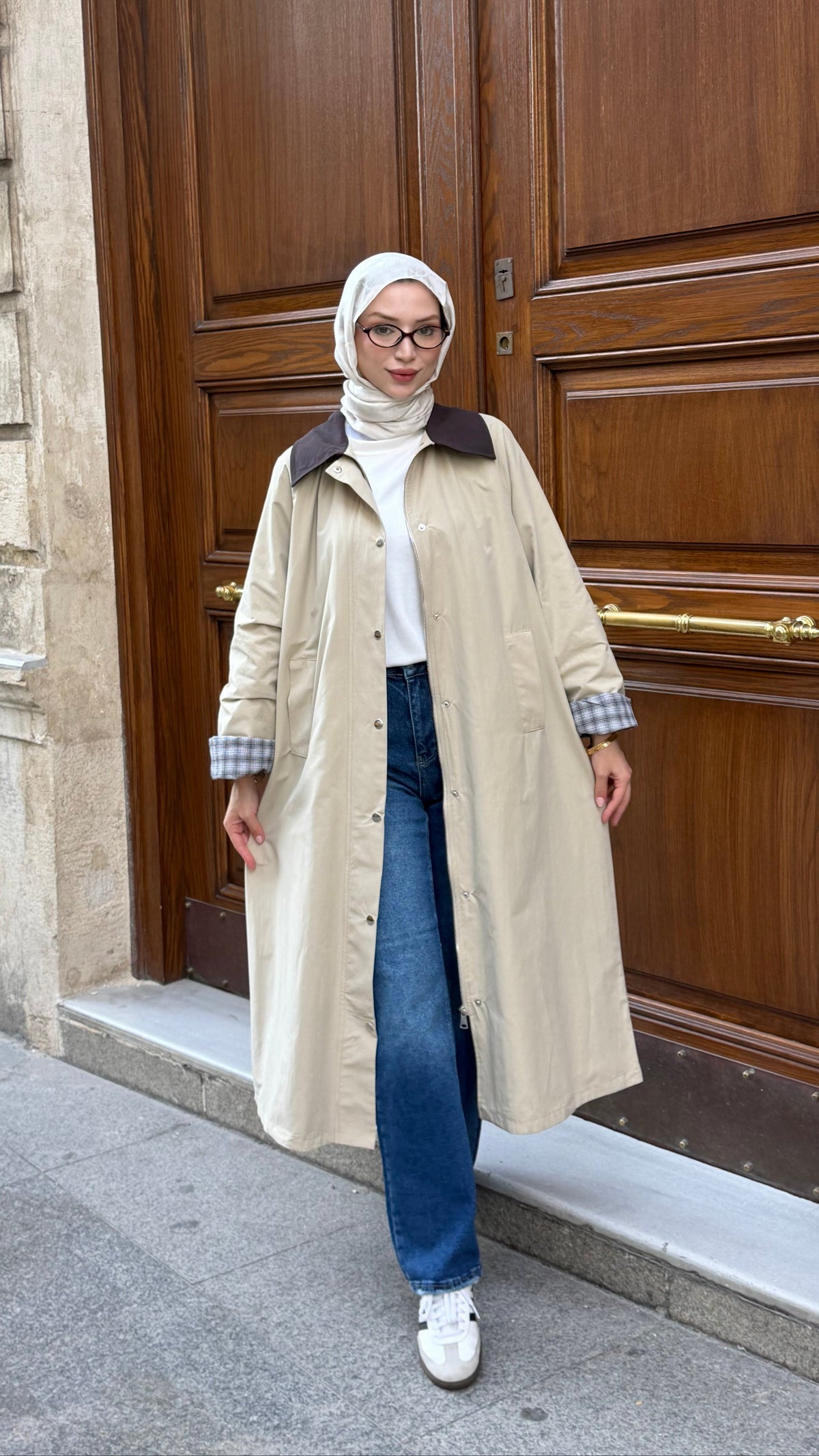 Ekose Astarlı Oversize Trenç Krem (Ön Sipariş 2 kasım kargo çıkışı)