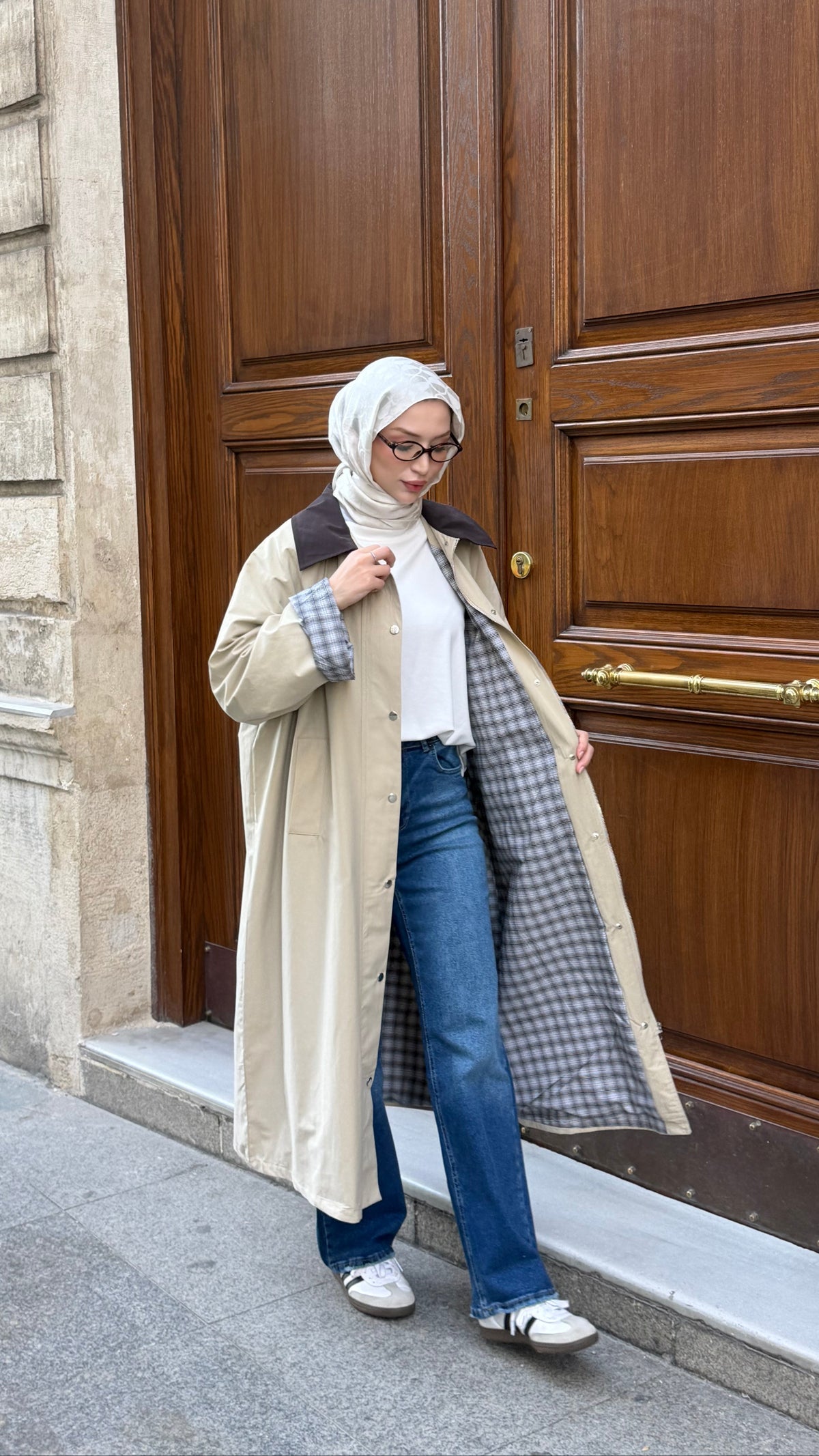 Ekose Astarlı Oversize Trenç Krem (Ön Sipariş 2 kasım kargo çıkışı)