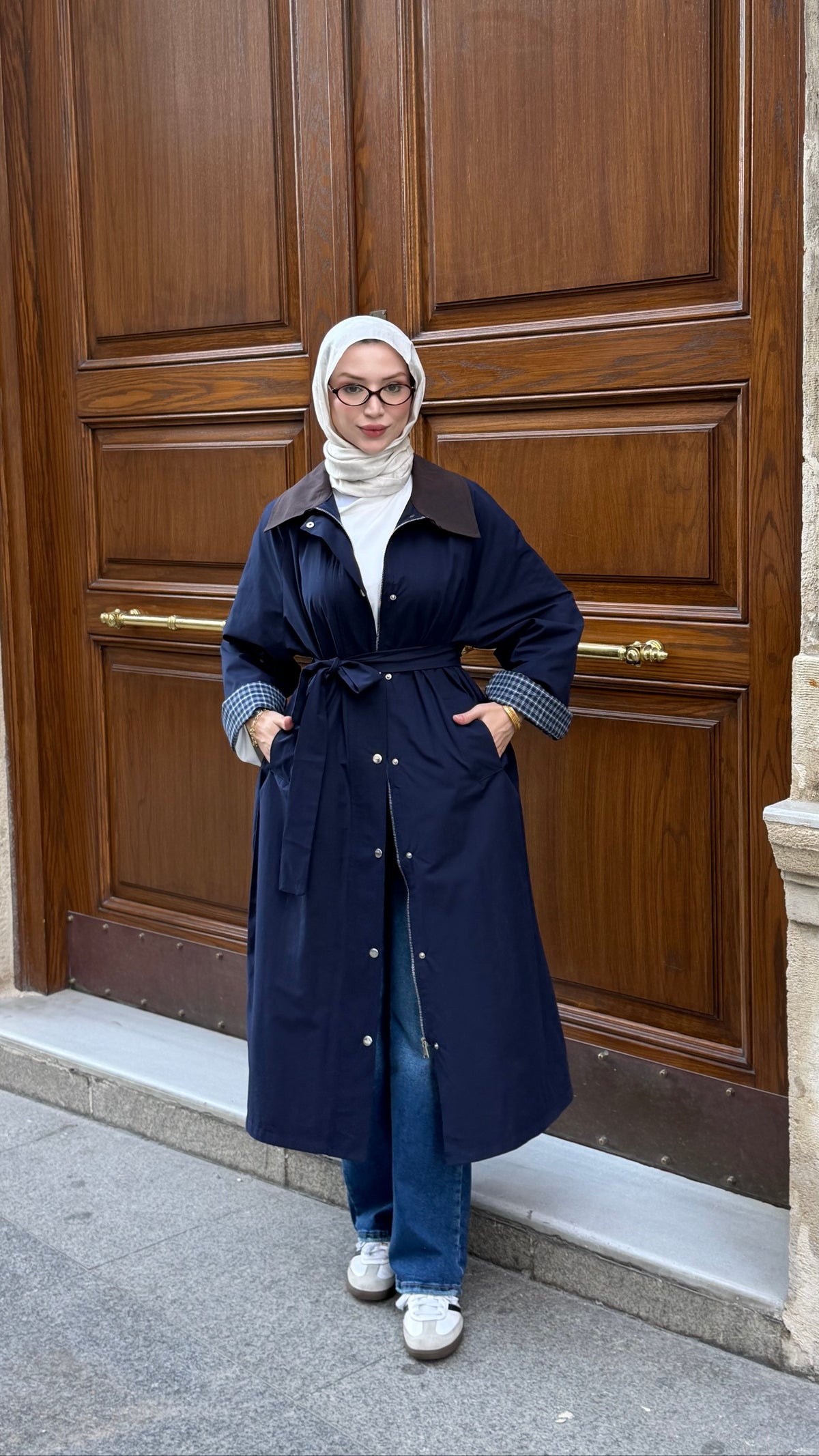 Ekose Astarlı Oversize Trenç Lacivert (Ön Sipariş 2 kasım kargo çıkışı)