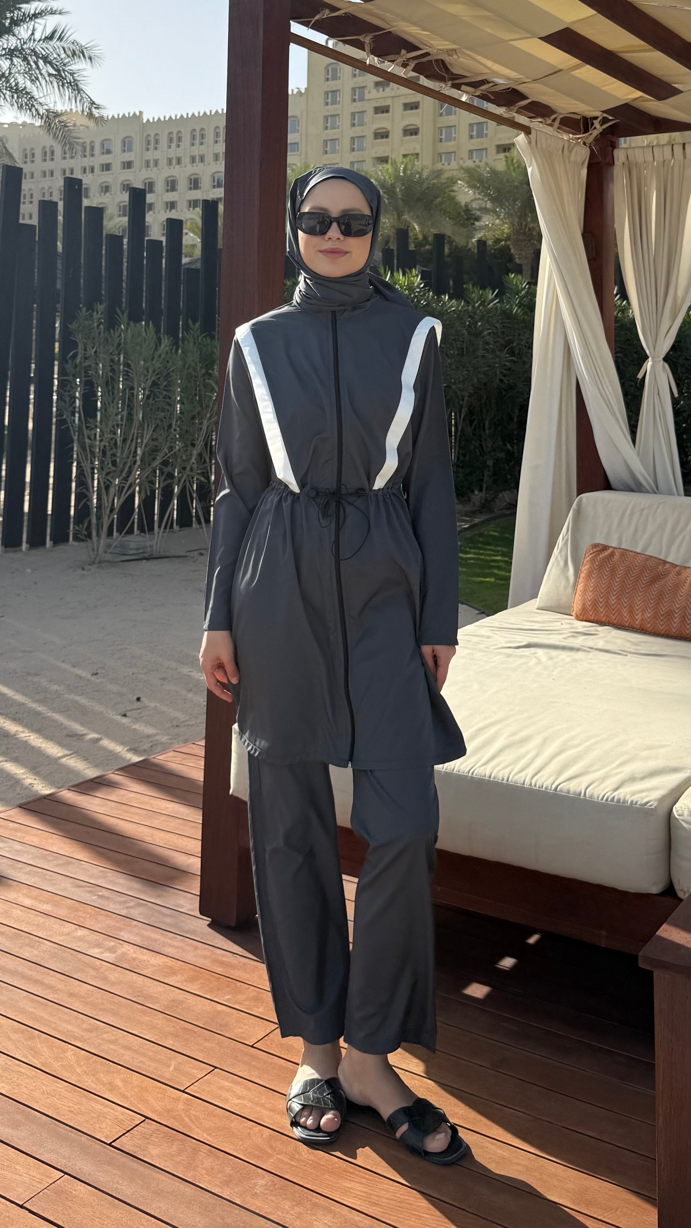 Şerit Detaylı Tesettür Mayo Antrasit