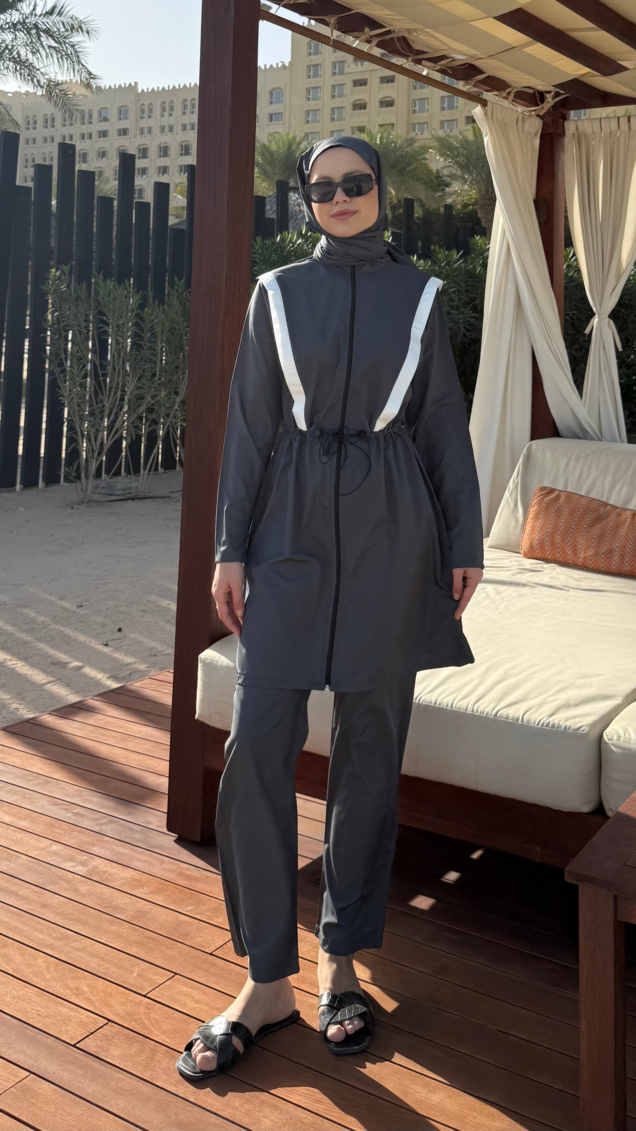 Şerit Detaylı Tesettür Mayo Antrasit