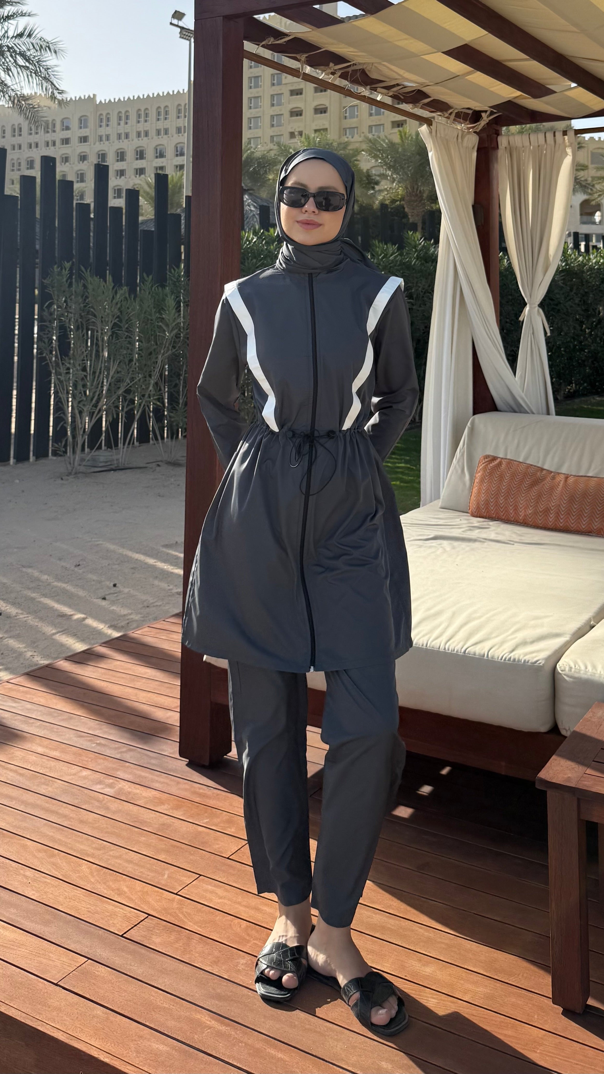 Şerit Detaylı Tesettür Mayo Antrasit