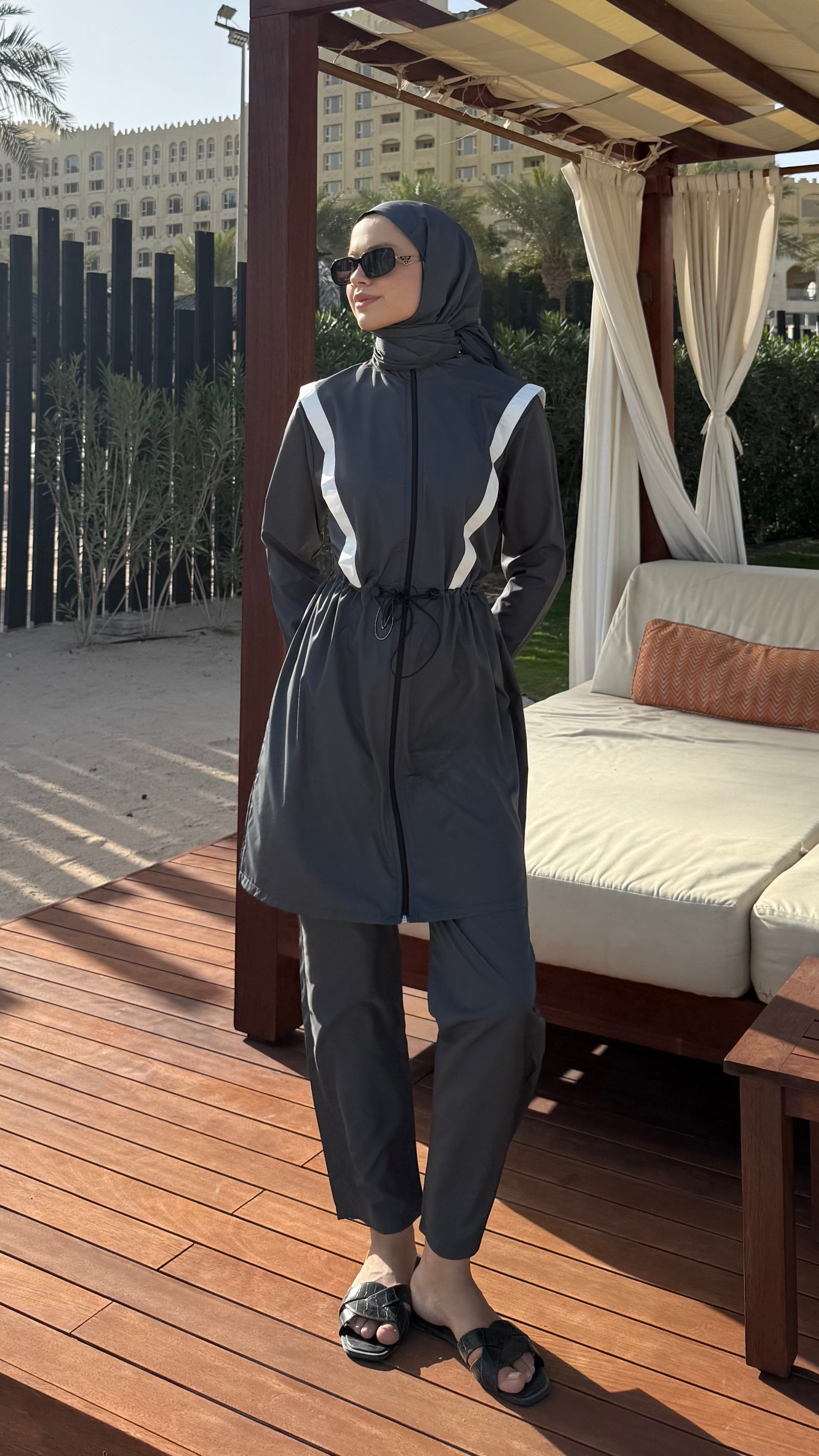 Şerit Detaylı Tesettür Mayo Antrasit