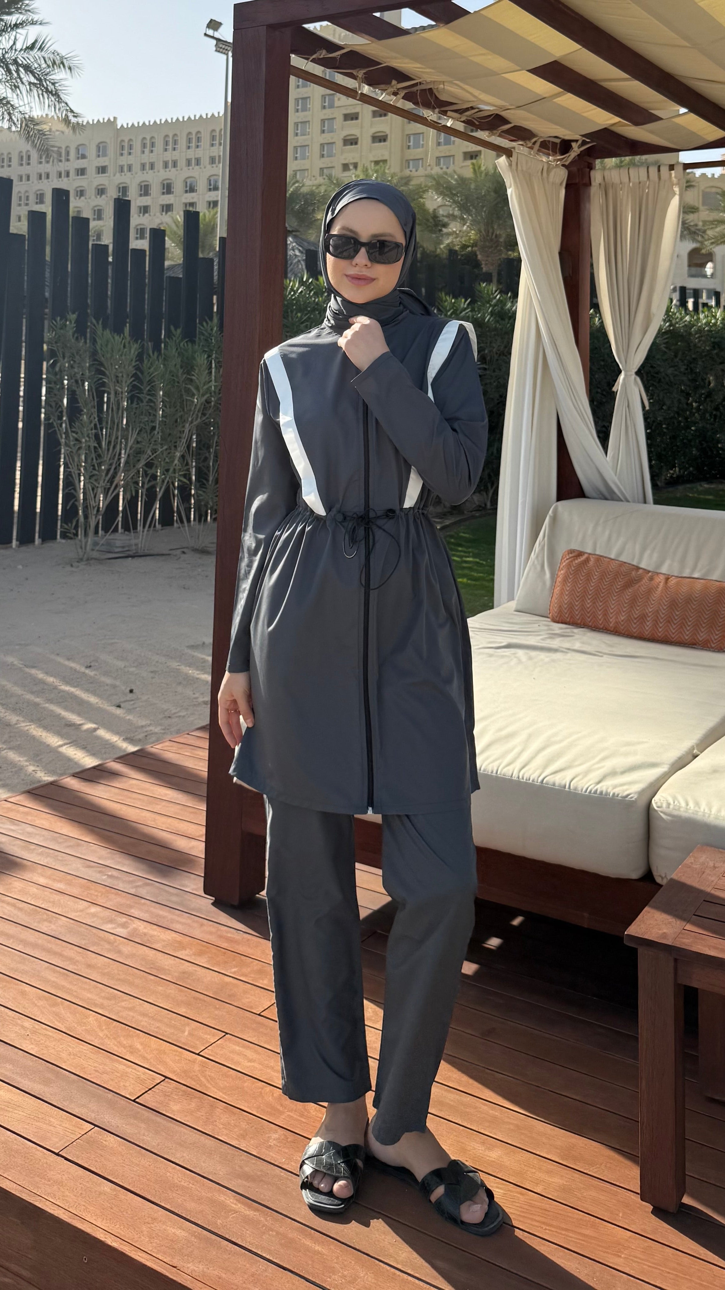 Şerit Detaylı Tesettür Mayo Antrasit