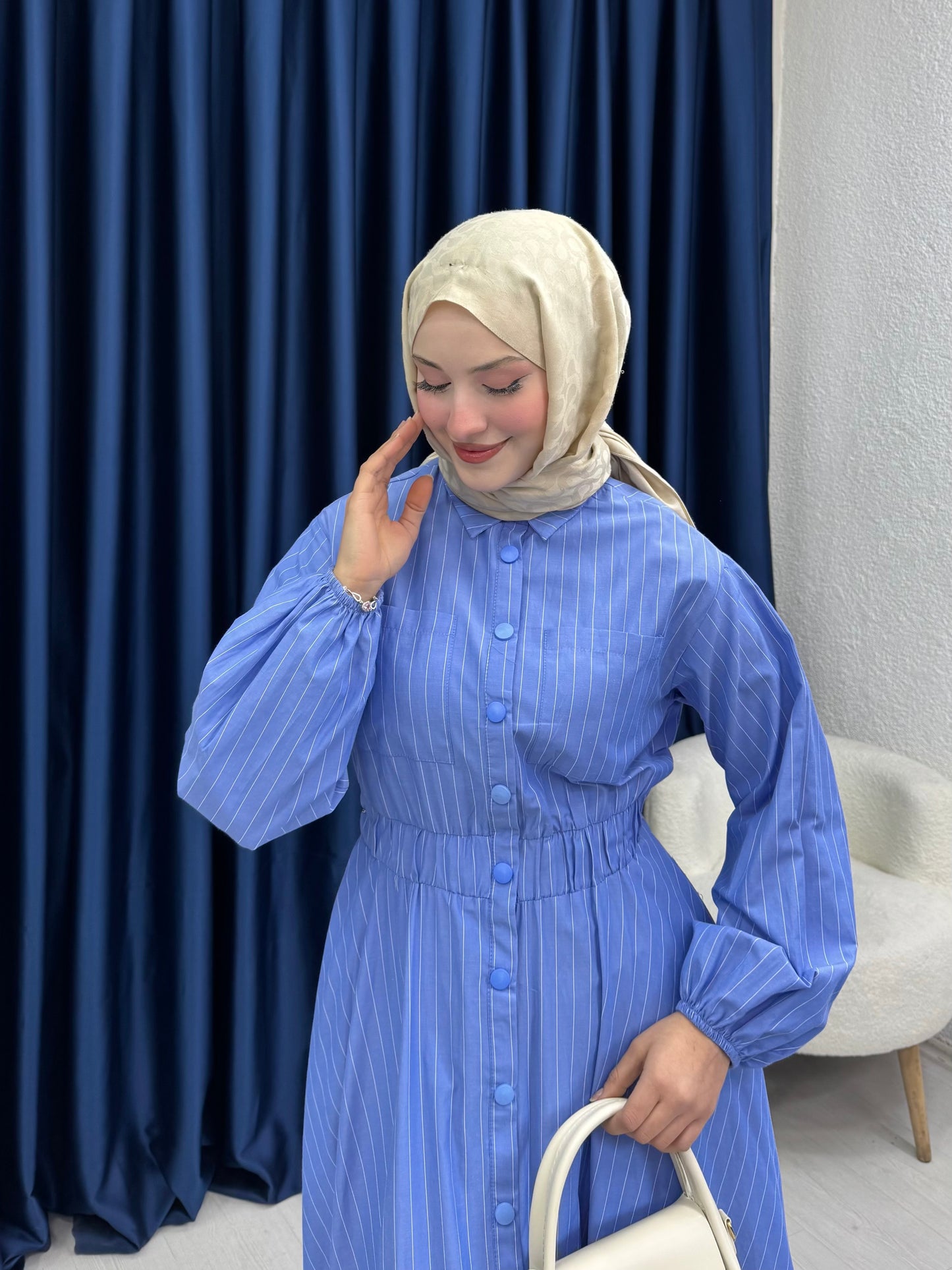 Çıtçıtlı Elbise İnce Çizgili Mavi