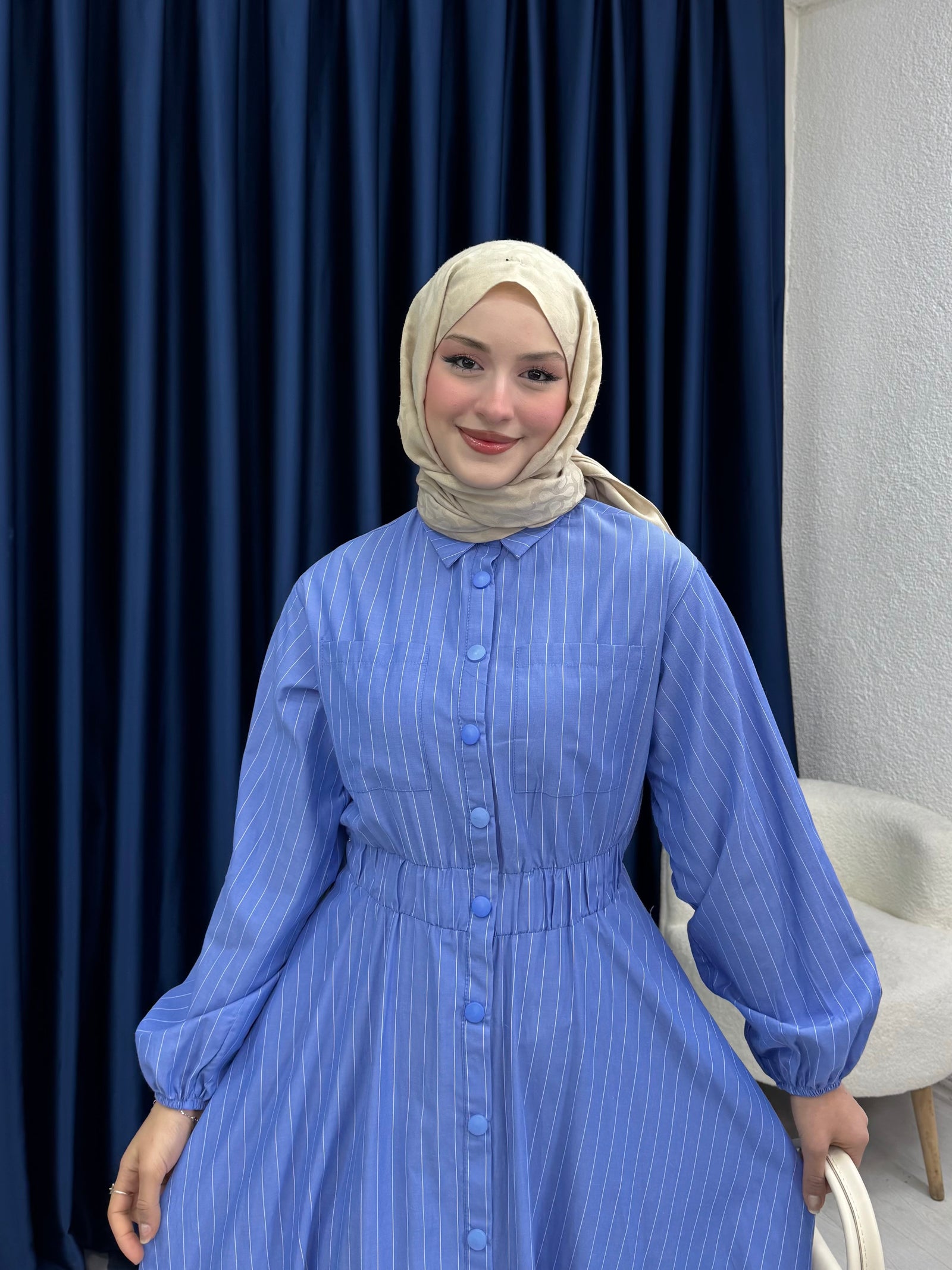 Çıtçıtlı Elbise İnce Çizgili Mavi