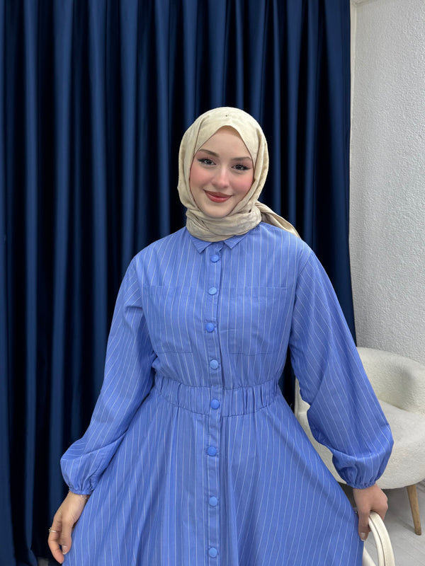 Çıtçıtlı Elbise İnce Çizgili Mavi