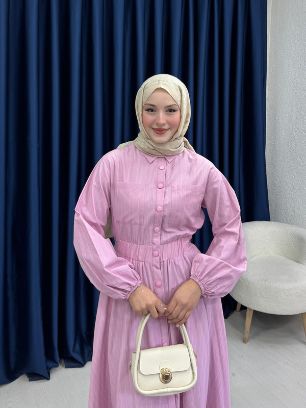Çıtçıtlı Elbise İnce Çizgili Pudra
