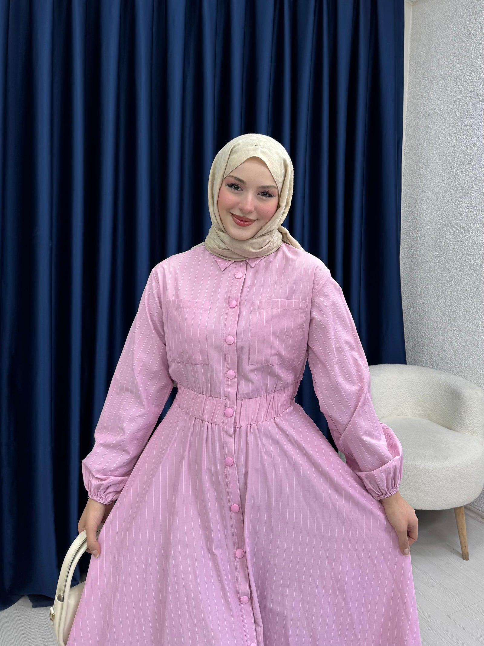Çıtçıtlı Elbise İnce Çizgili Pudra