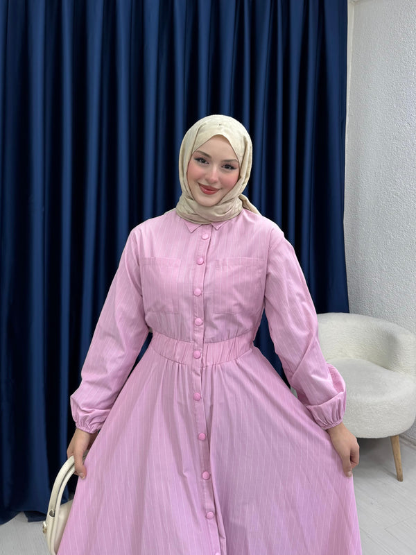 Çıtçıtlı Elbise İnce Çizgili Pudra