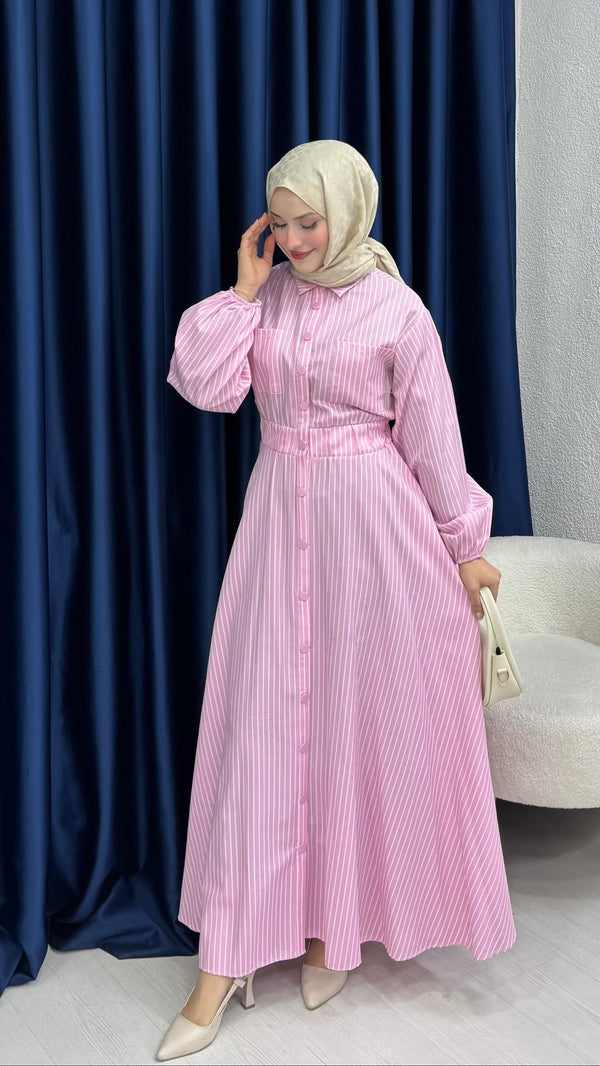 Çıtçıtlı Elbise Kalın Çizgili Pembe