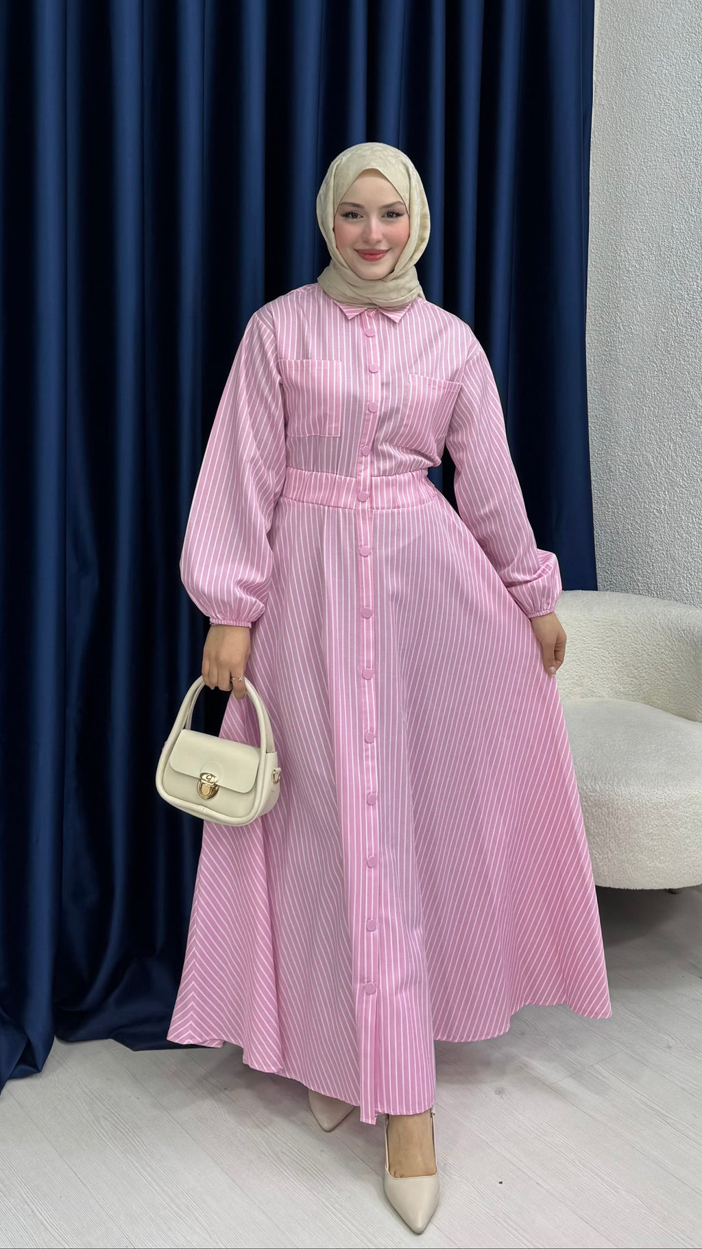 Çıtçıtlı Elbise Kalın Çizgili Pembe