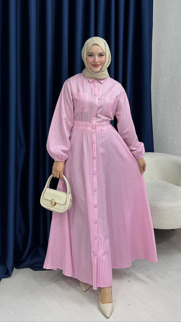 Çıtçıtlı Elbise Kalın Çizgili Pembe
