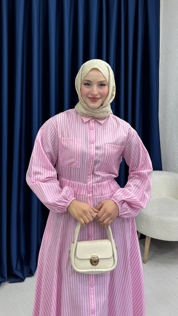 Çıtçıtlı Elbise Kalın Çizgili Pembe