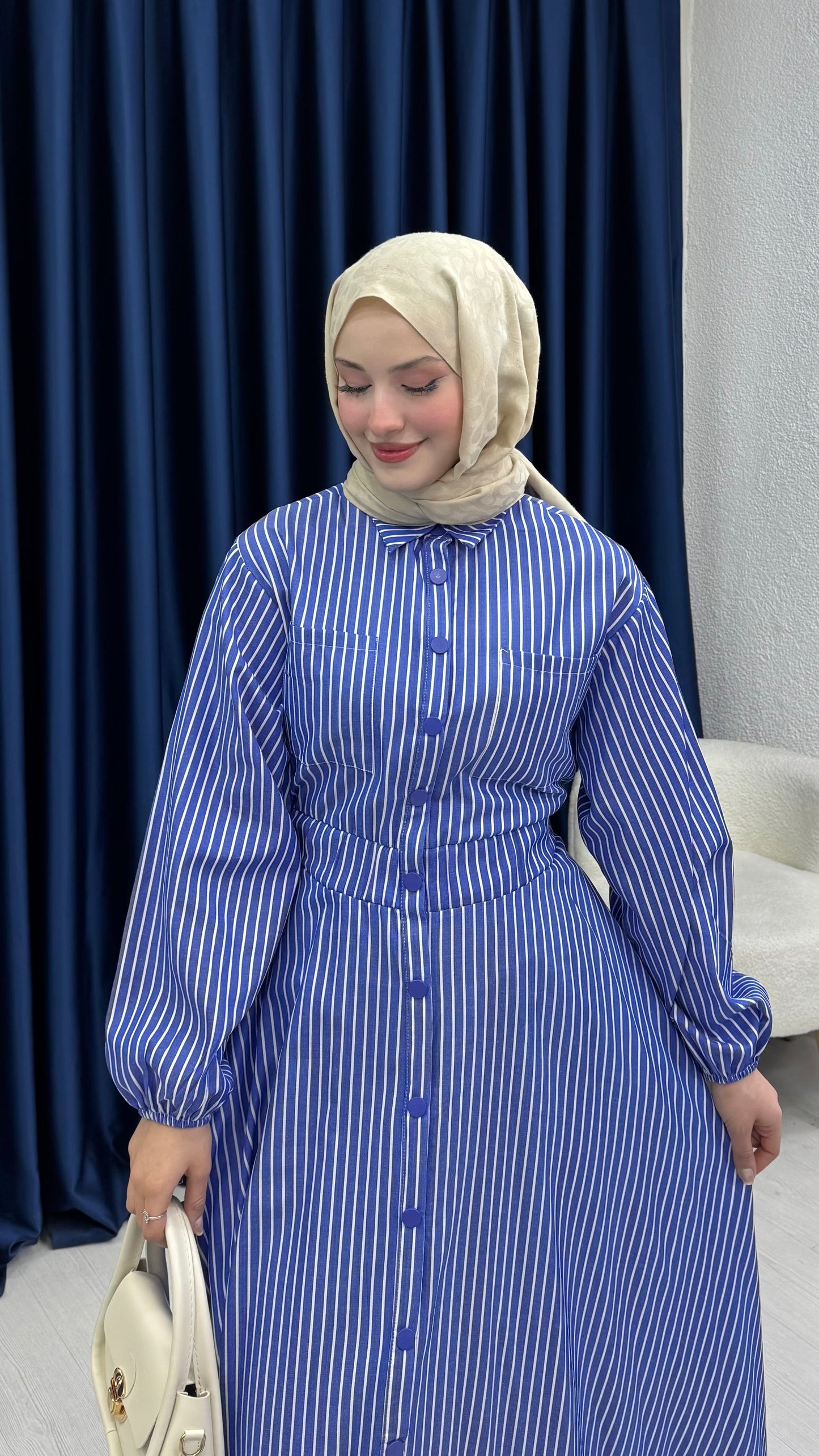Çıtçıtlı Elbise Kalın Çizgili Koyu Mavi