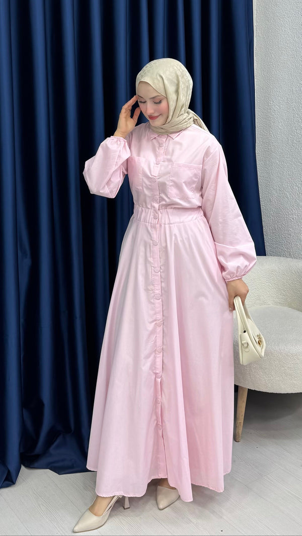 Çıtçıtlı Elbise Düz Pudra