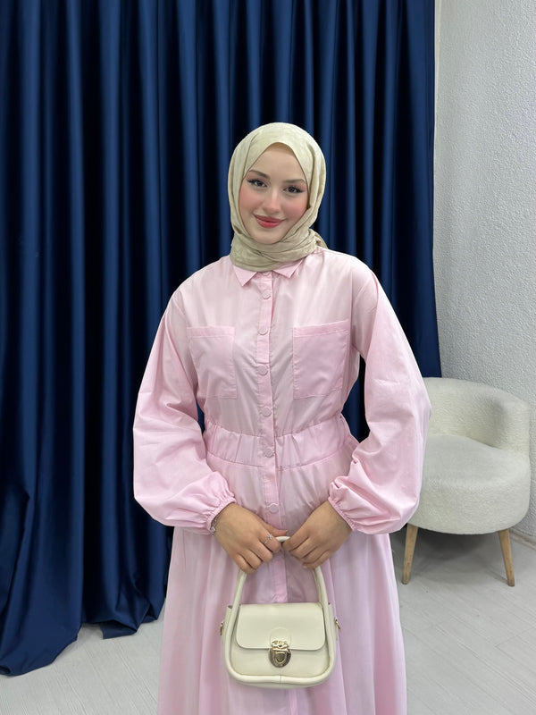 Çıtçıtlı Elbise Düz Pudra