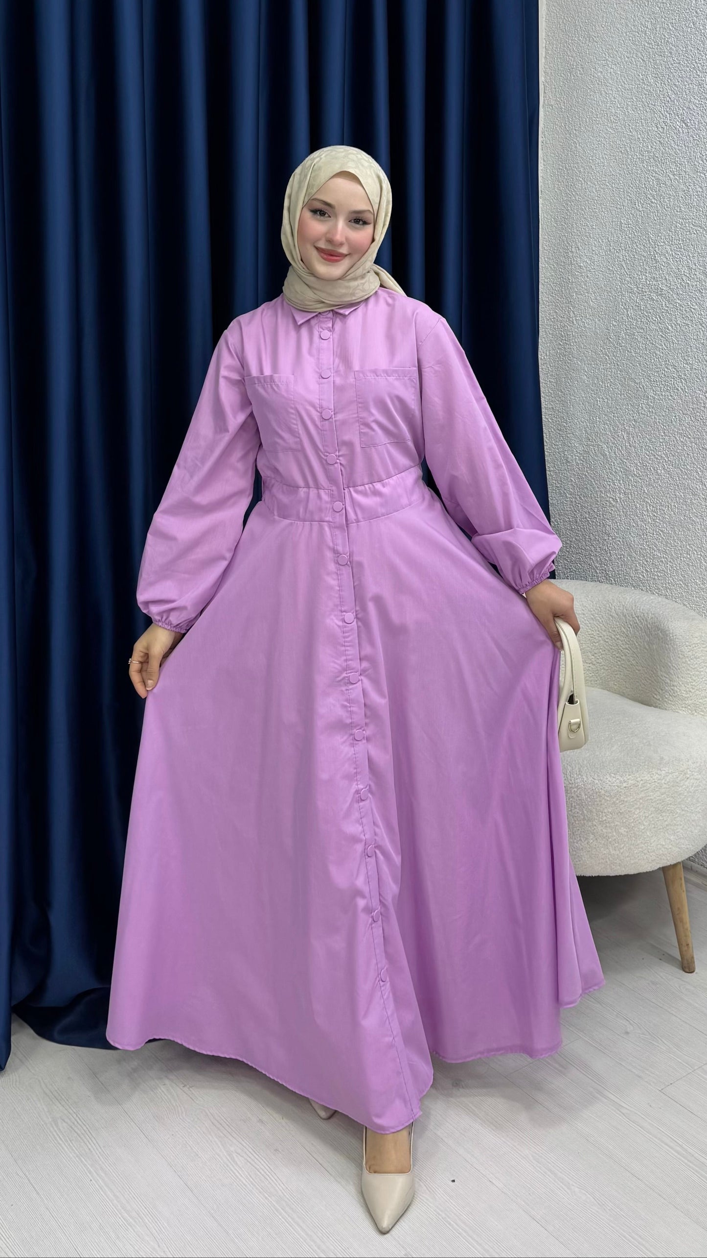 Çıtçıtlı Elbise Düz Lila