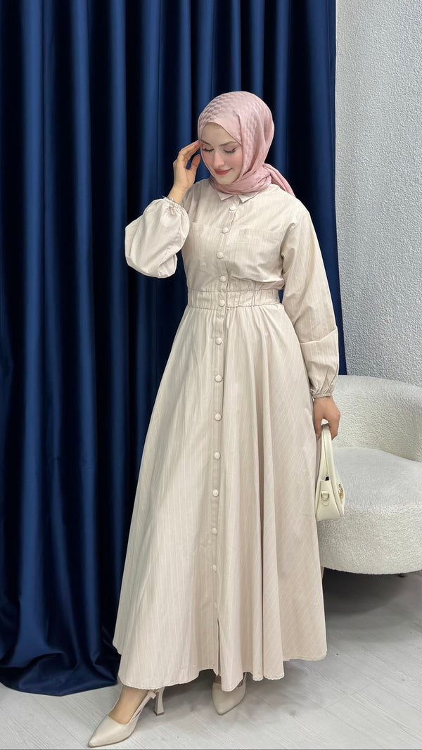 Çıtçıtlı Elbise İnce Çizgili Krem