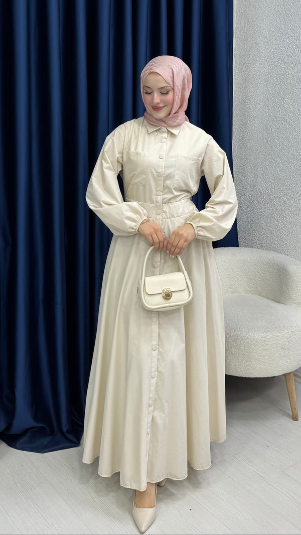 Çıtçıtlı Elbise Düz Krem
