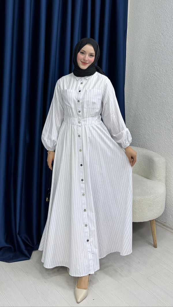 Çıtçıtlı Elbise İnce Çizgili Beyaz