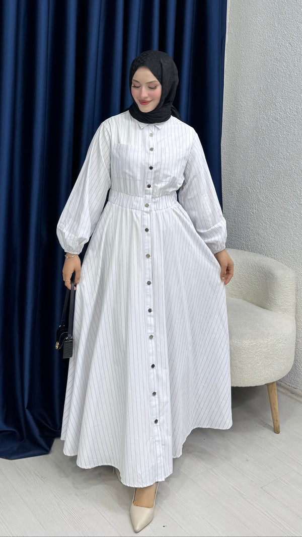 Çıtçıtlı Elbise İnce Çizgili Beyaz