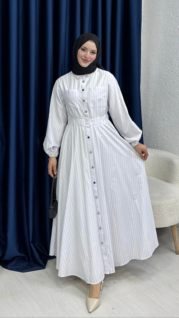 Çıtçıtlı Elbise İnce Çizgili Beyaz