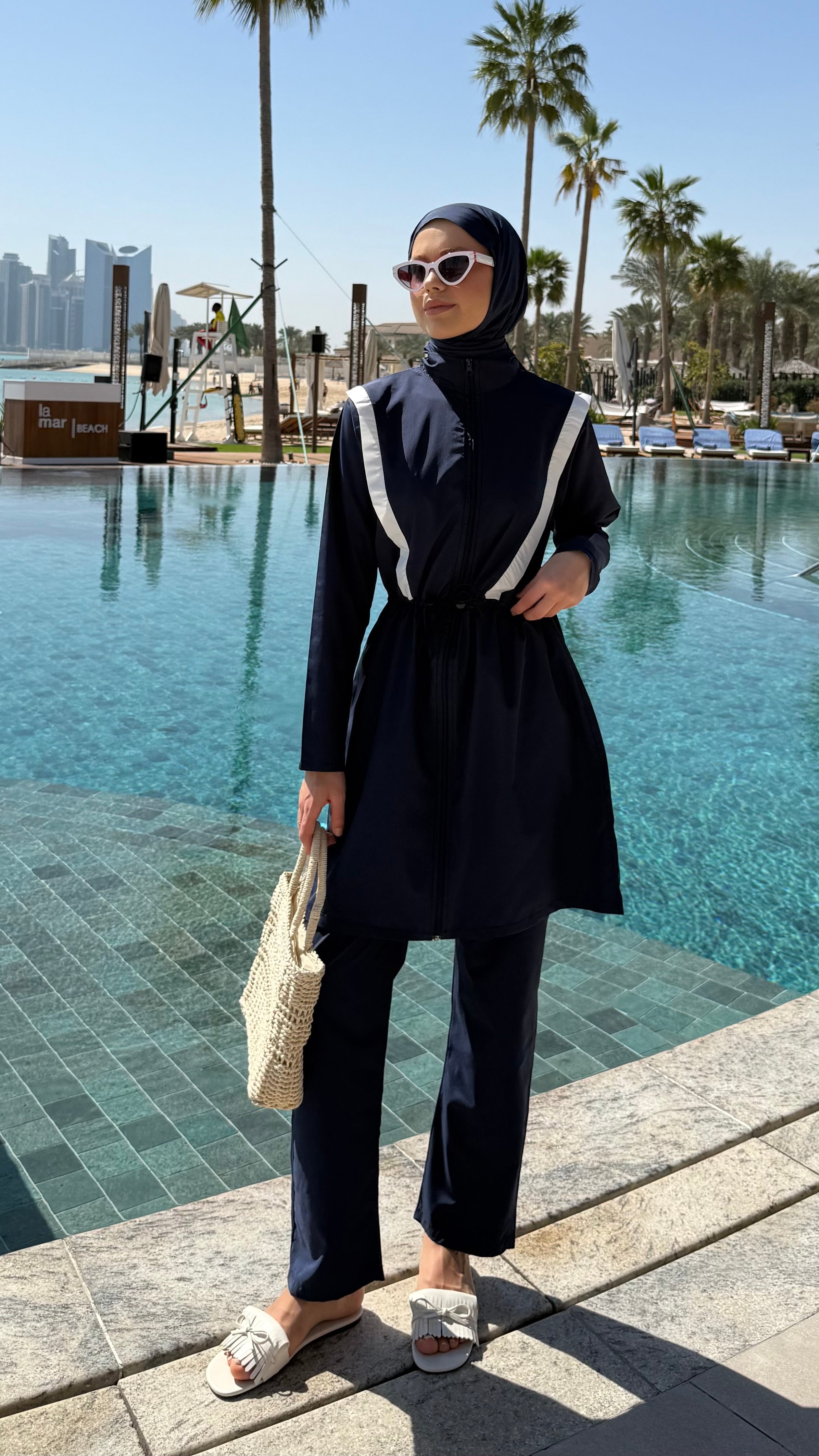 Şerit Detaylı Tesettür Mayo Lacivert