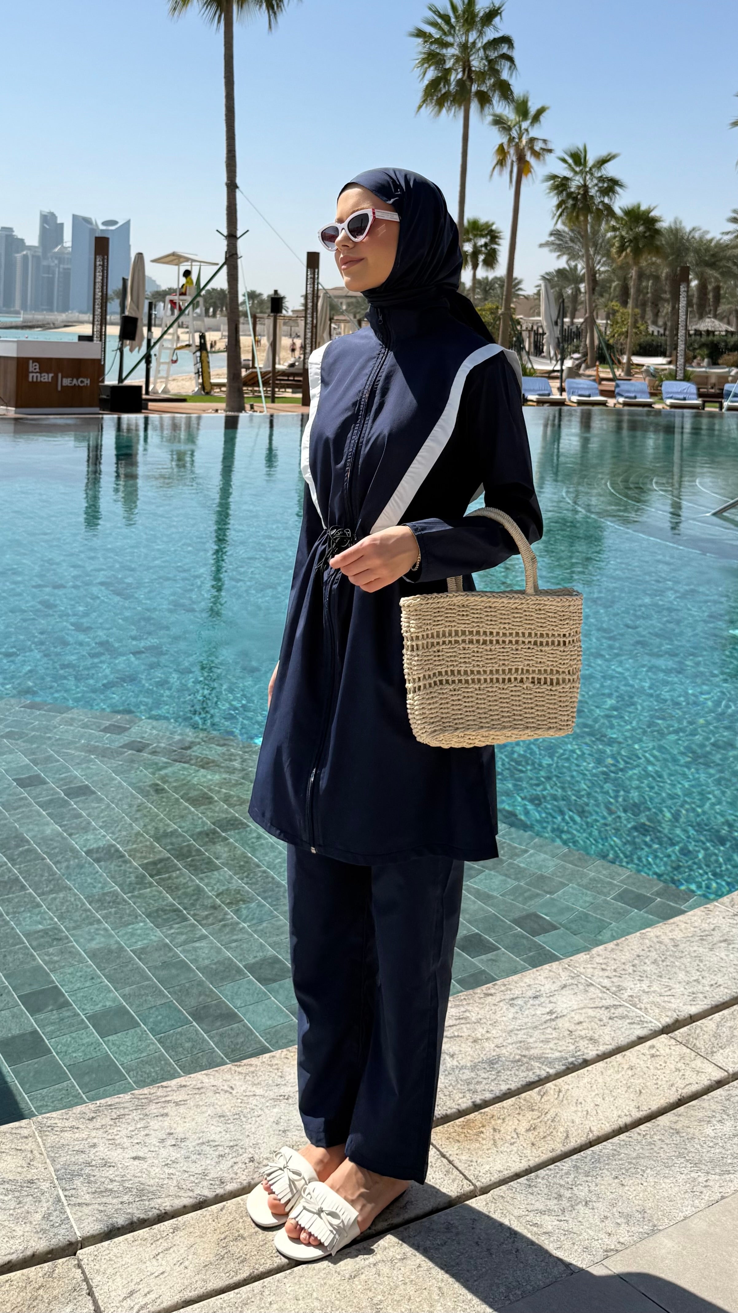 Şerit Detaylı Tesettür Mayo Lacivert