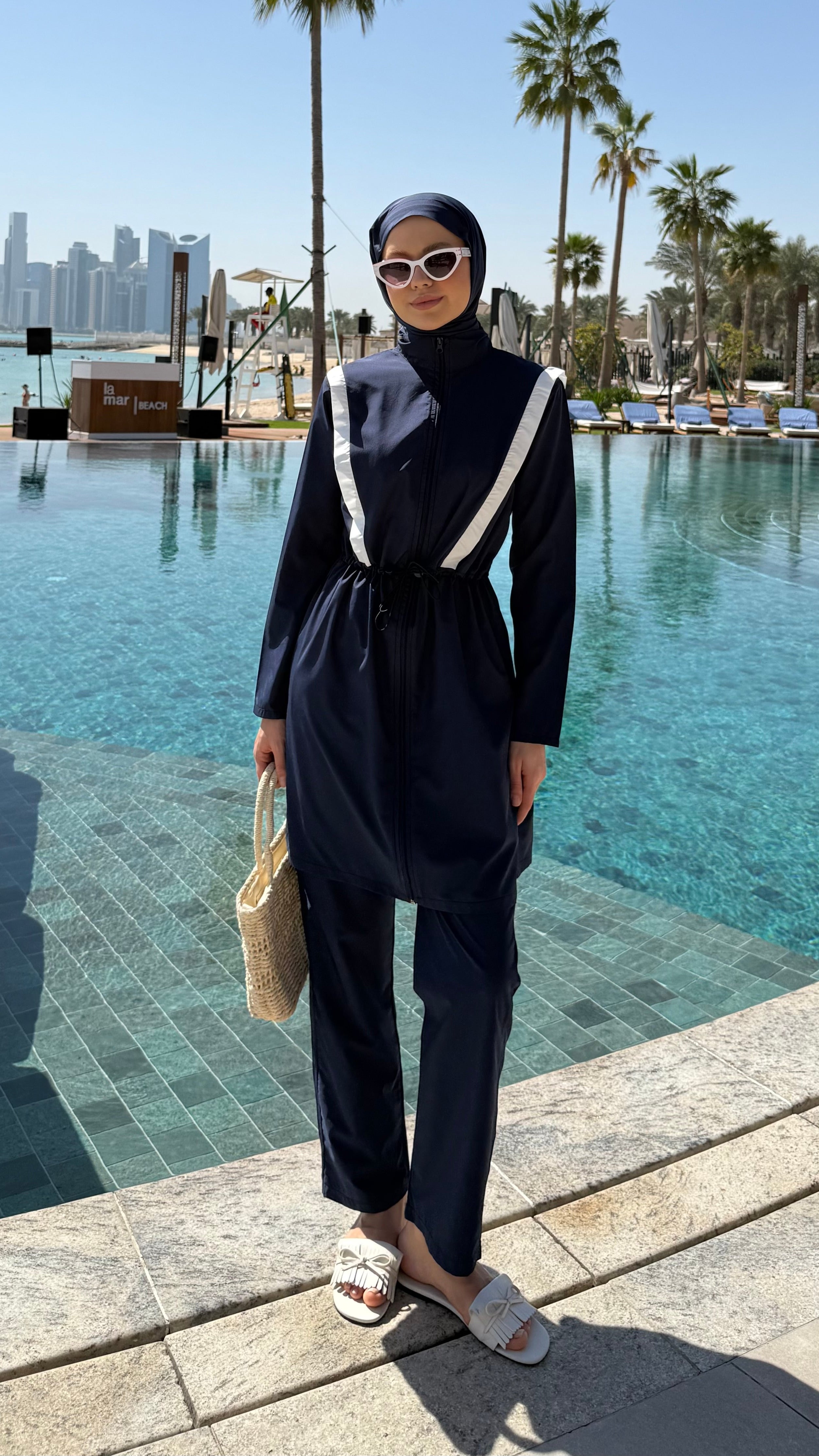 Şerit Detaylı Tesettür Mayo Lacivert