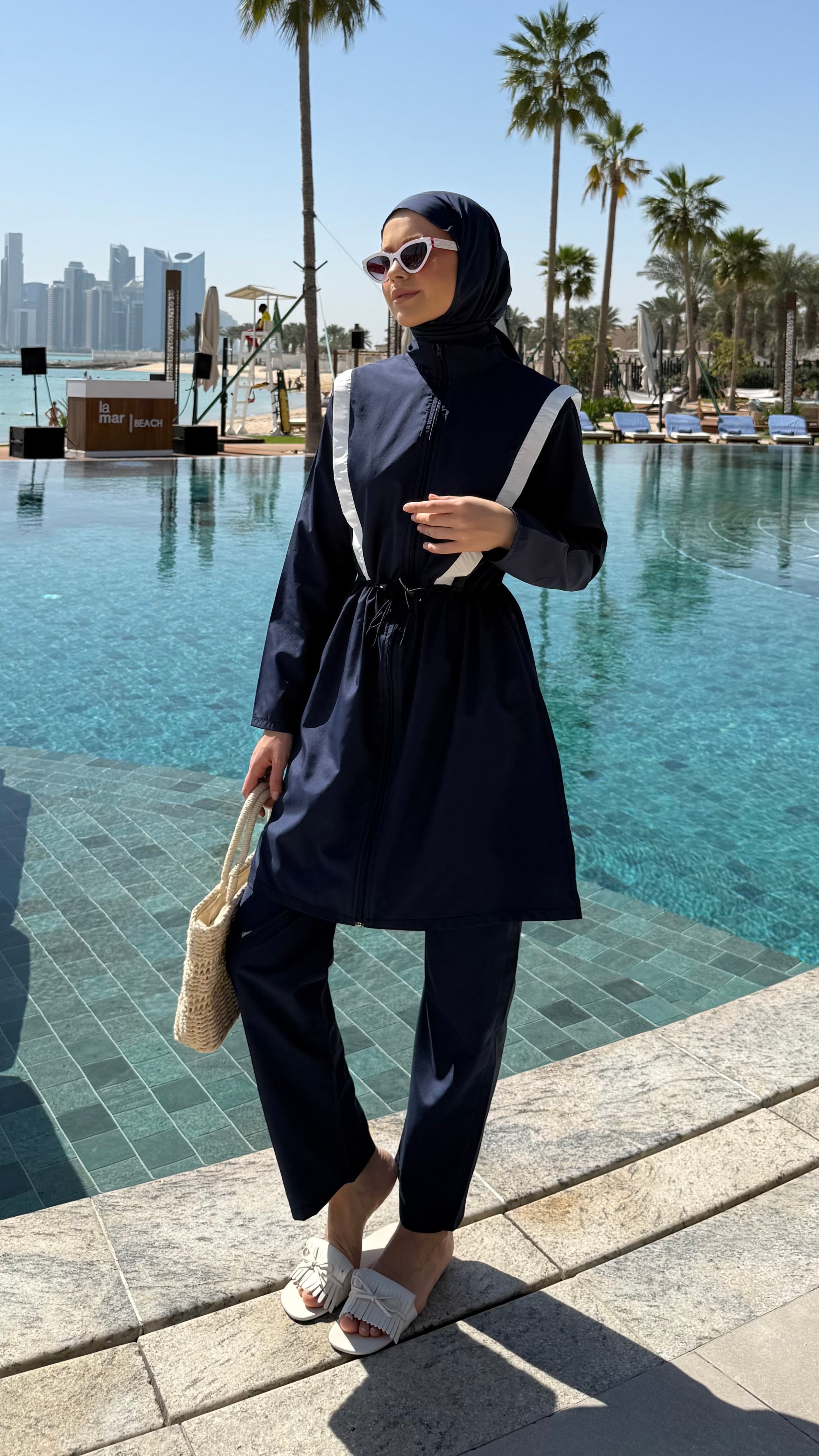 Şerit Detaylı Tesettür Mayo Lacivert