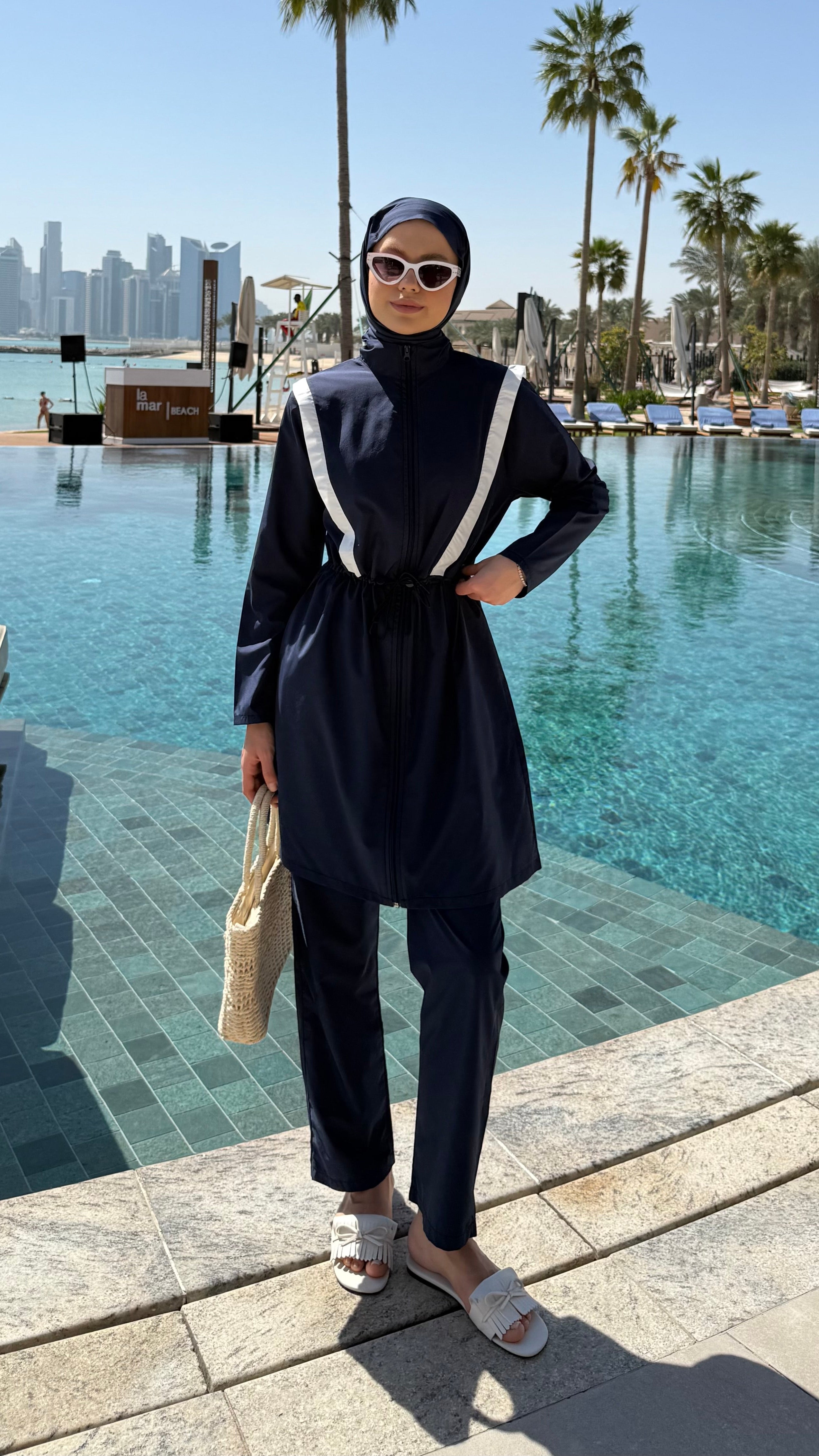 Şerit Detaylı Tesettür Mayo Lacivert