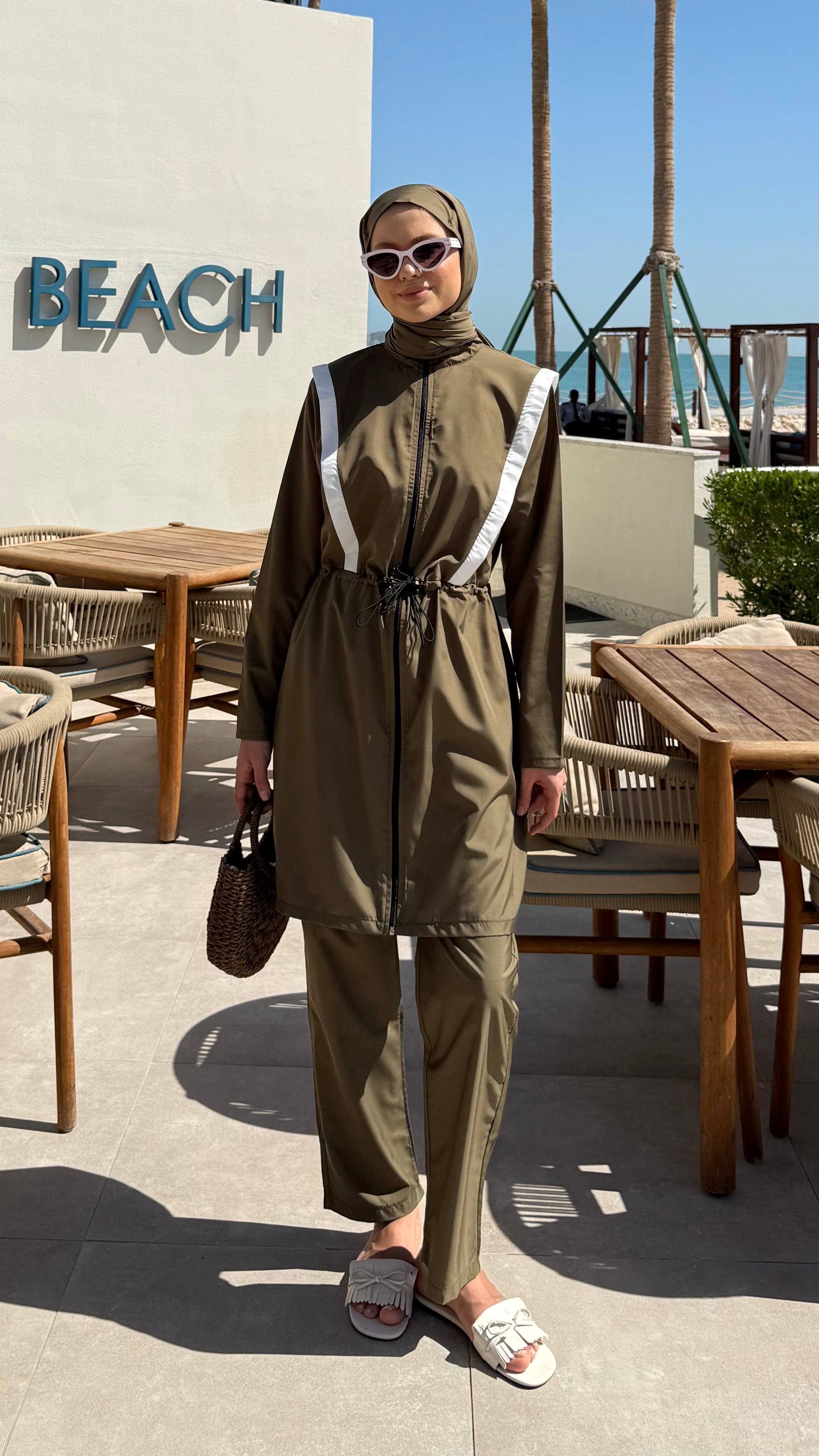 Şerit Detaylı Tesettür Mayo Haki