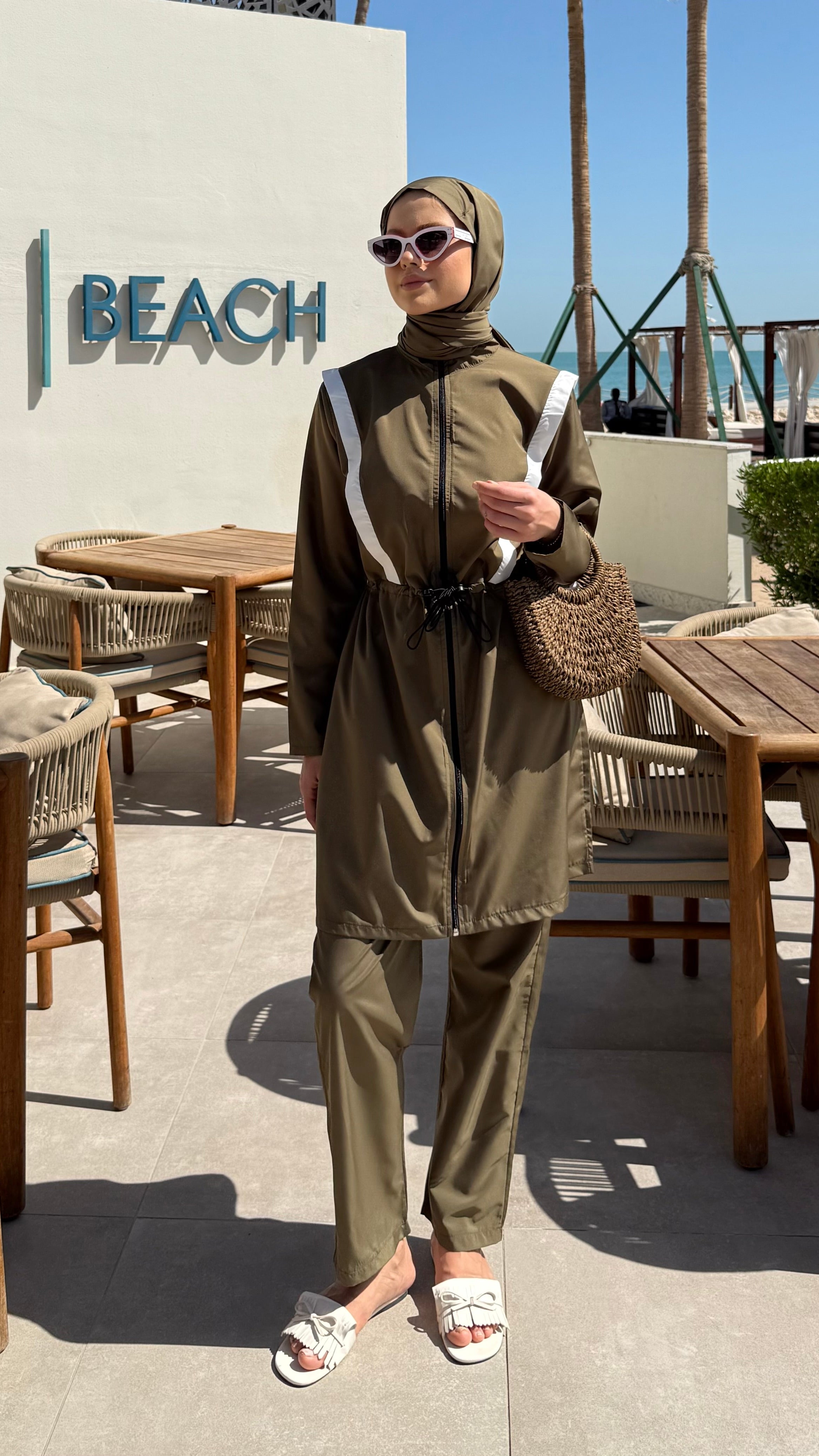 Şerit Detaylı Tesettür Mayo Haki