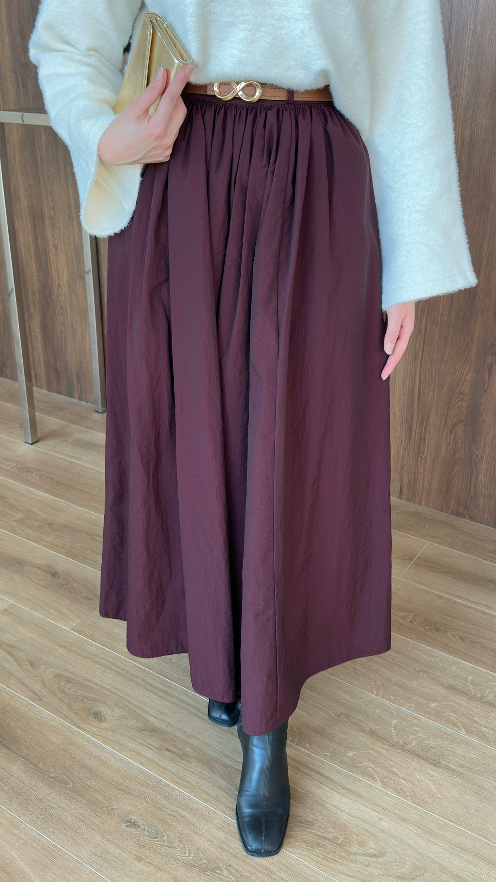 Paraşüt Kumaş Pileli Kloş Etek Bordo