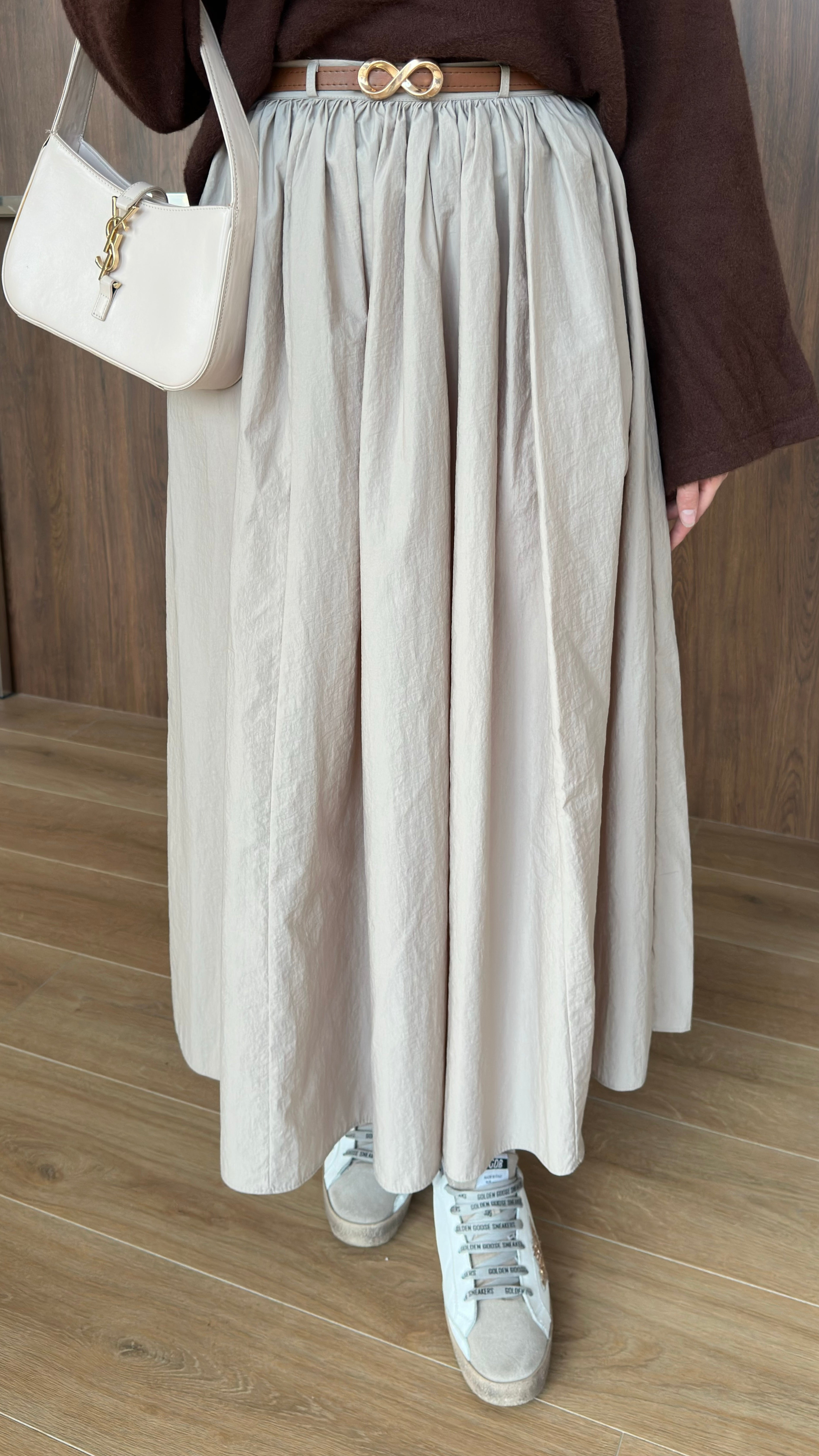 Paraşüt Kumaş Pileli Kloş Etek Krem