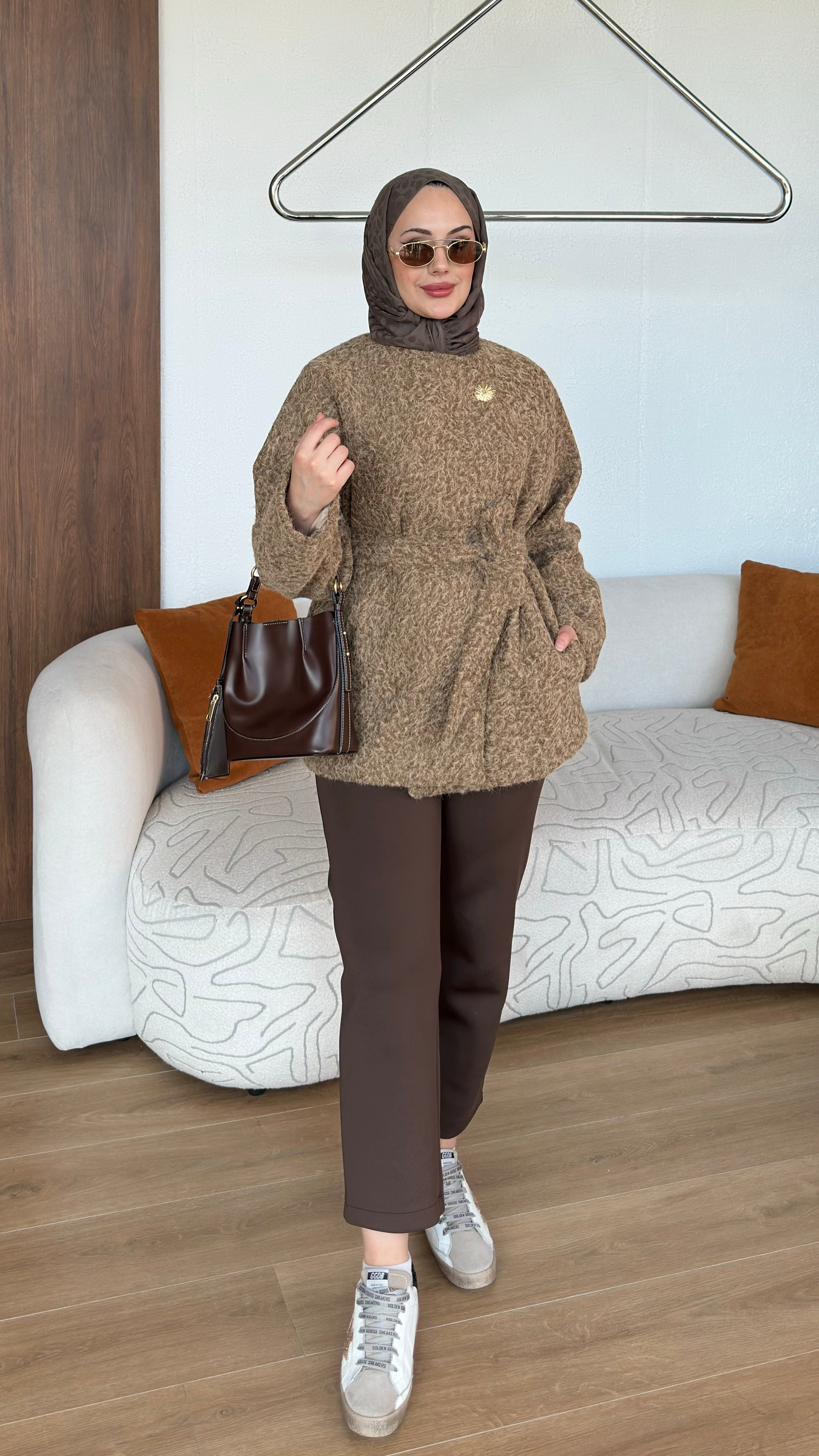 Tek Düğmeli Kırçıl Kumaş Ceket Kahverengi