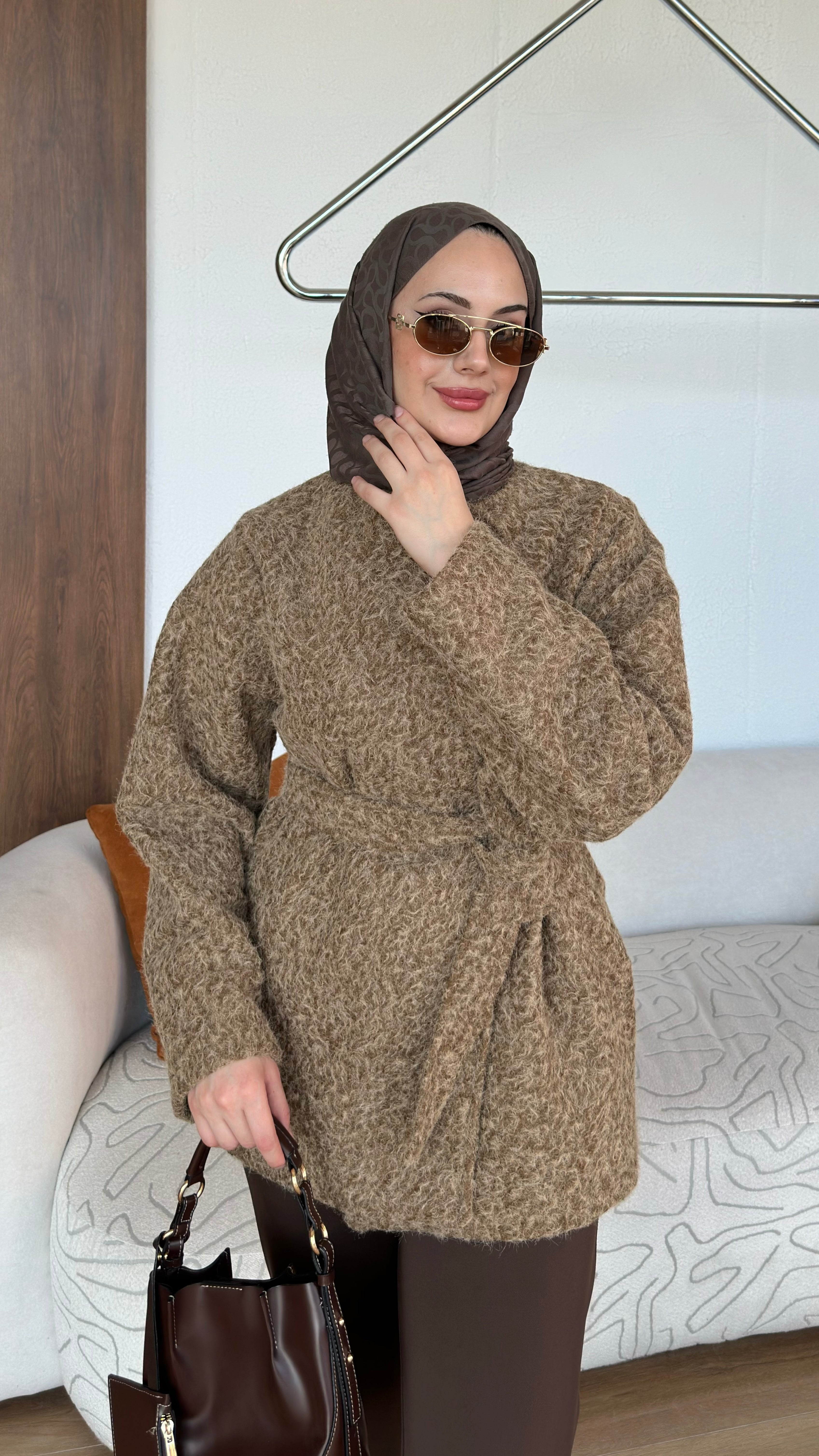 Tek Düğmeli Kırçıl Kumaş Ceket Kahverengi