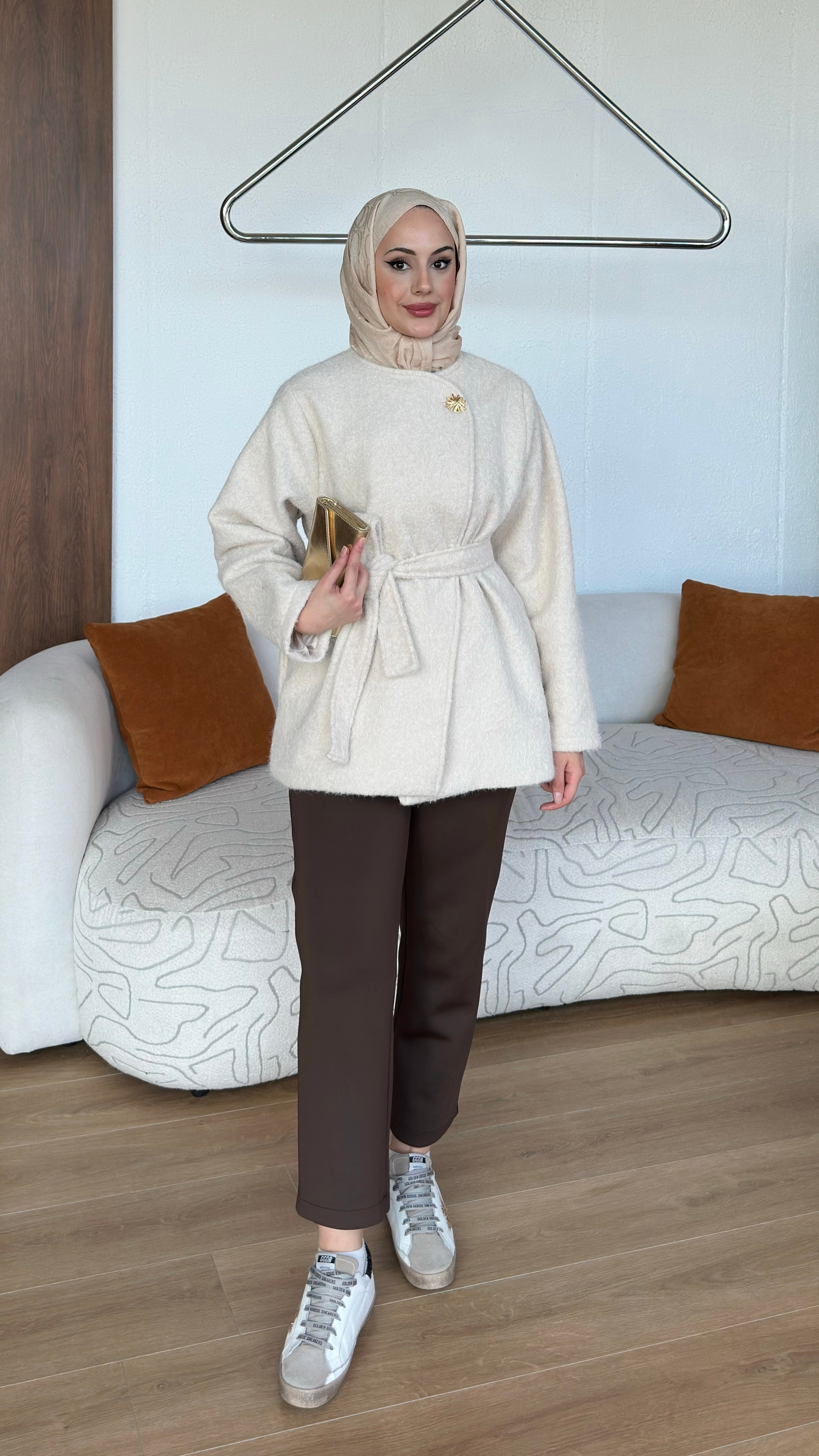 Tek Düğmeli Kırçıl Kumaş Ceket Krem