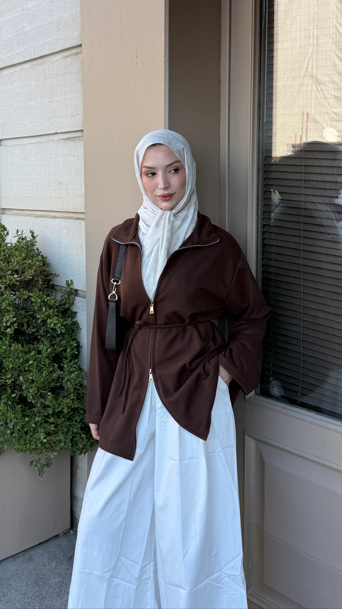 Örme Kumaş Fermuarlı Tunik Kahverengi